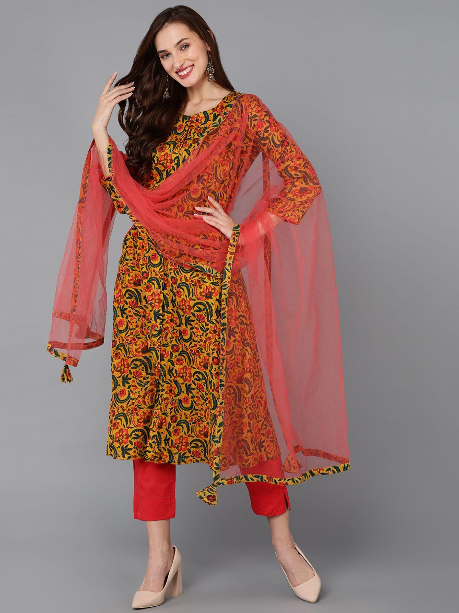 women cotton blend printed kurta trousers with dupatta (set of 3)