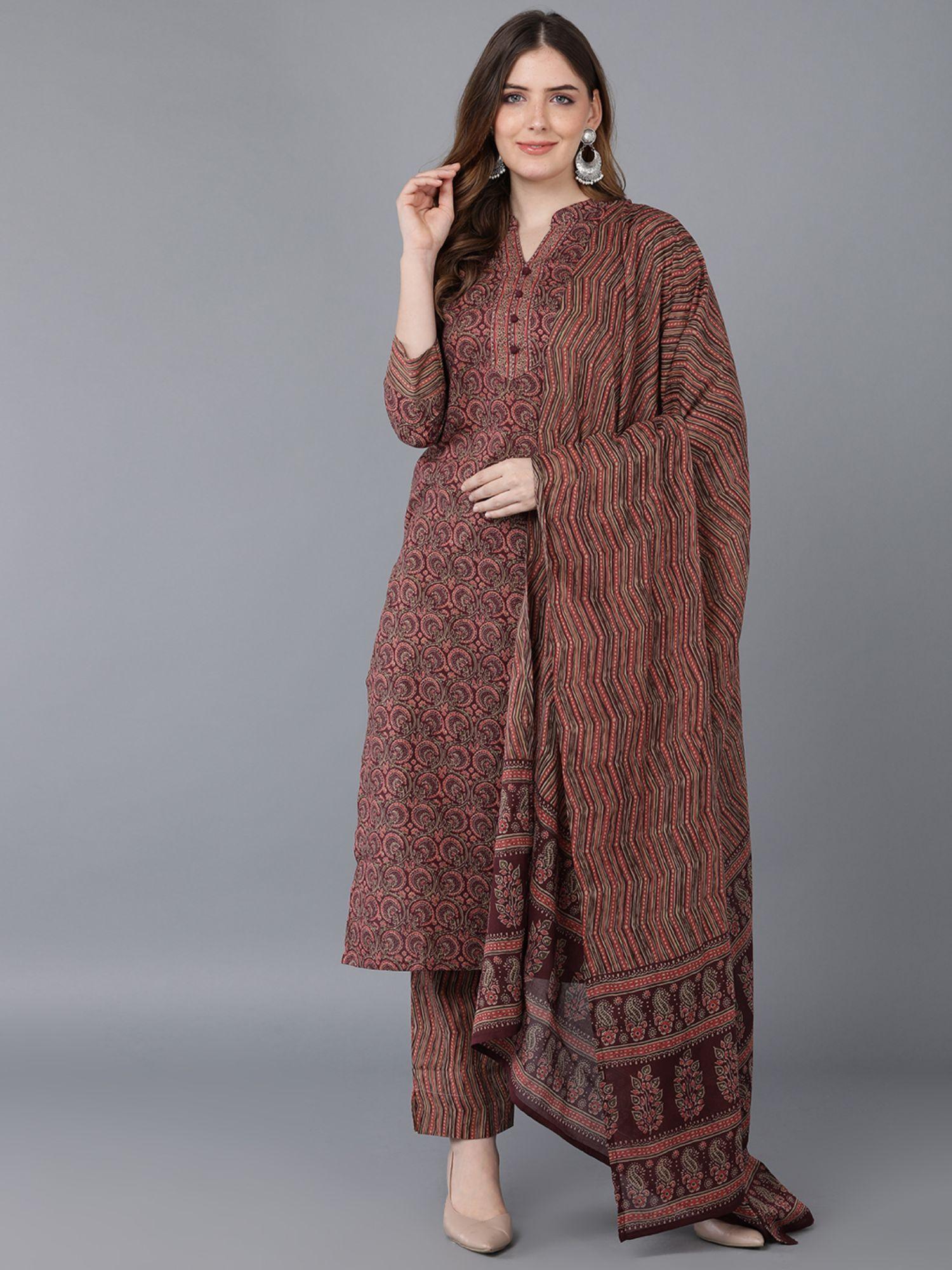 women cotton blend printed regular kurta trousers with dupatta (set of 3)