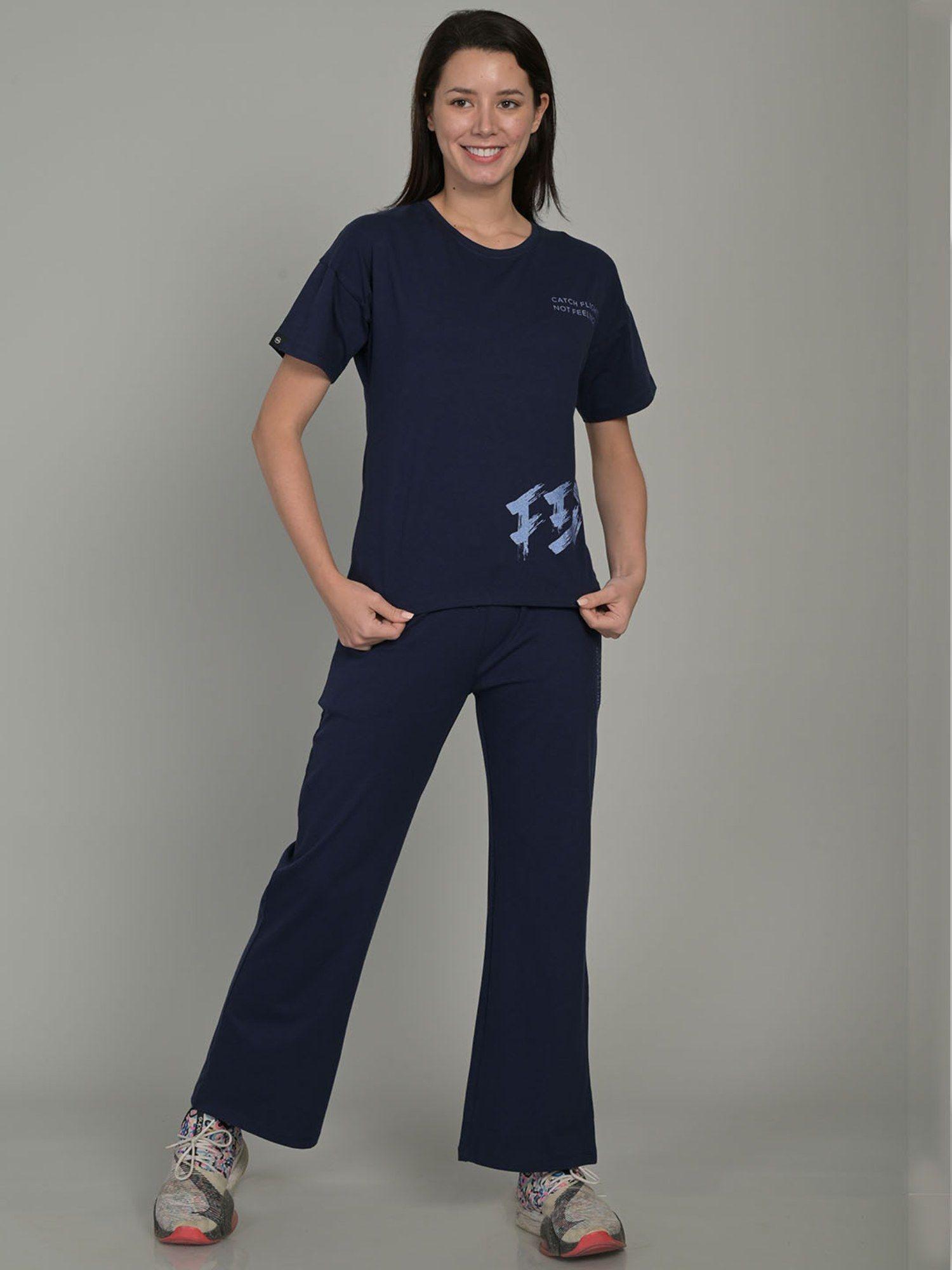 women cotton blend printed round neck blue half sleeve t-shirt with pyjama (set of 2)