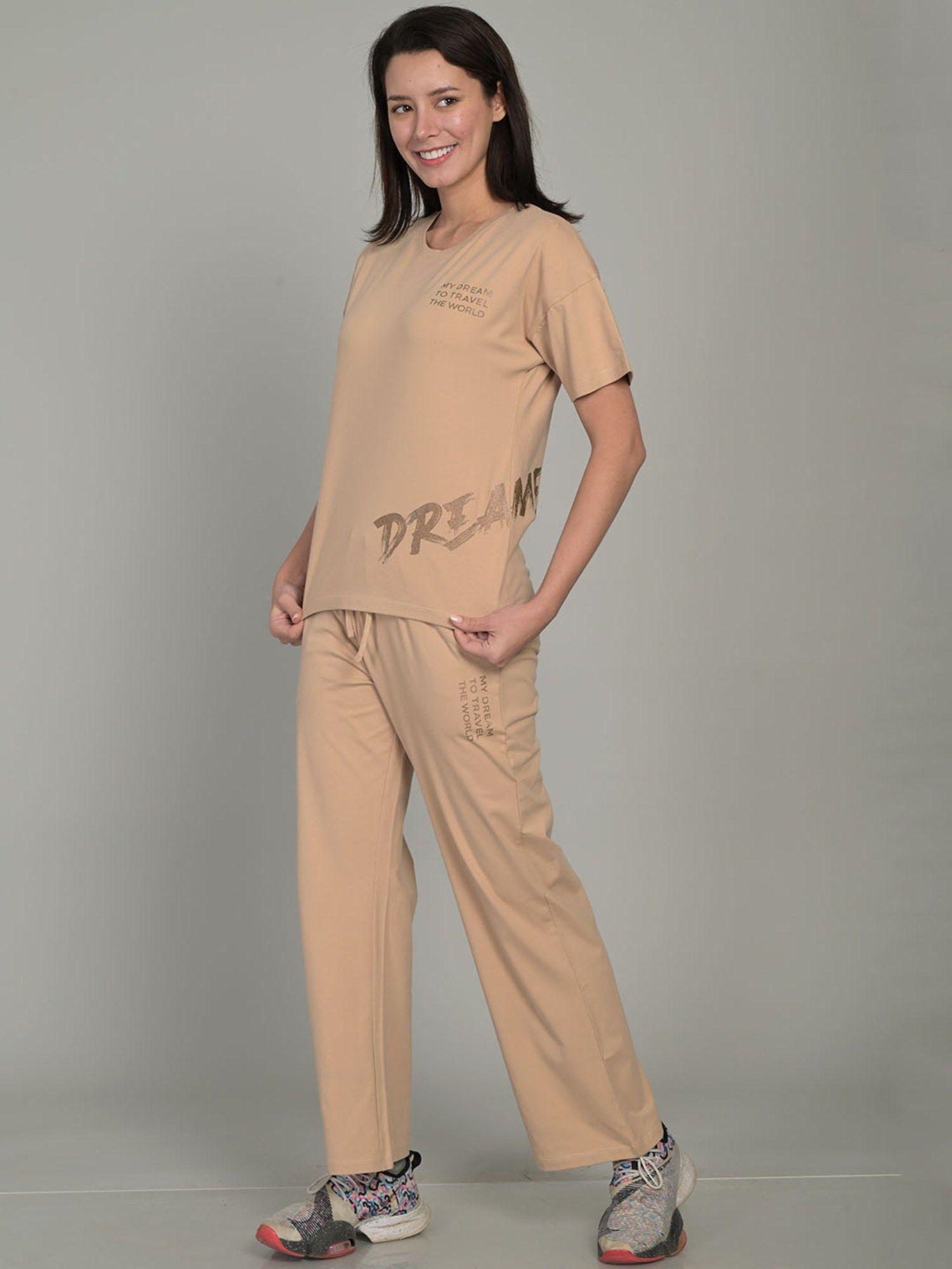 women cotton blend printed round neck tan half sleeve t-shirt with pyjama (set of 2)