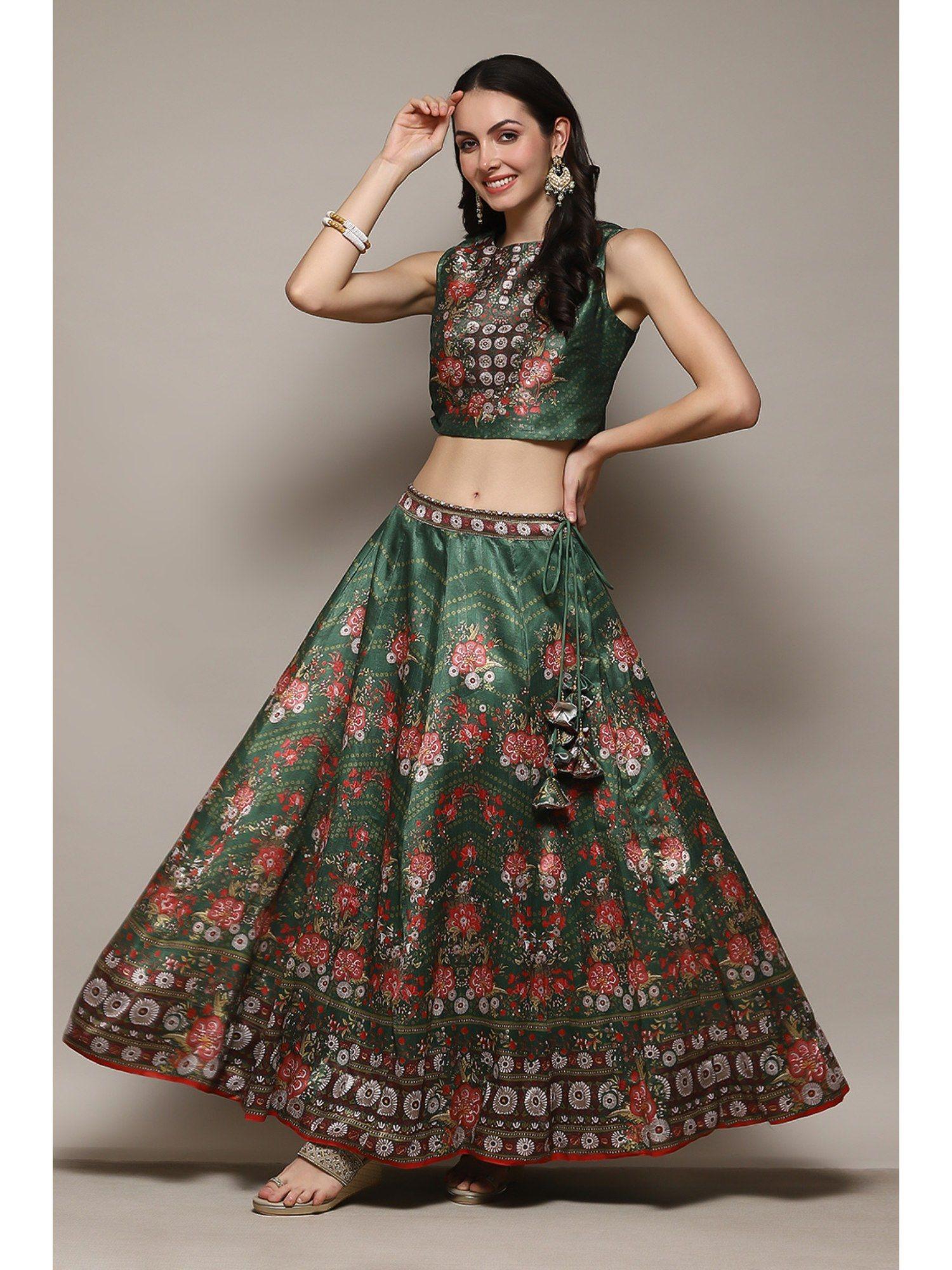 women cotton blend printed top and lehengas - green (set of 2)