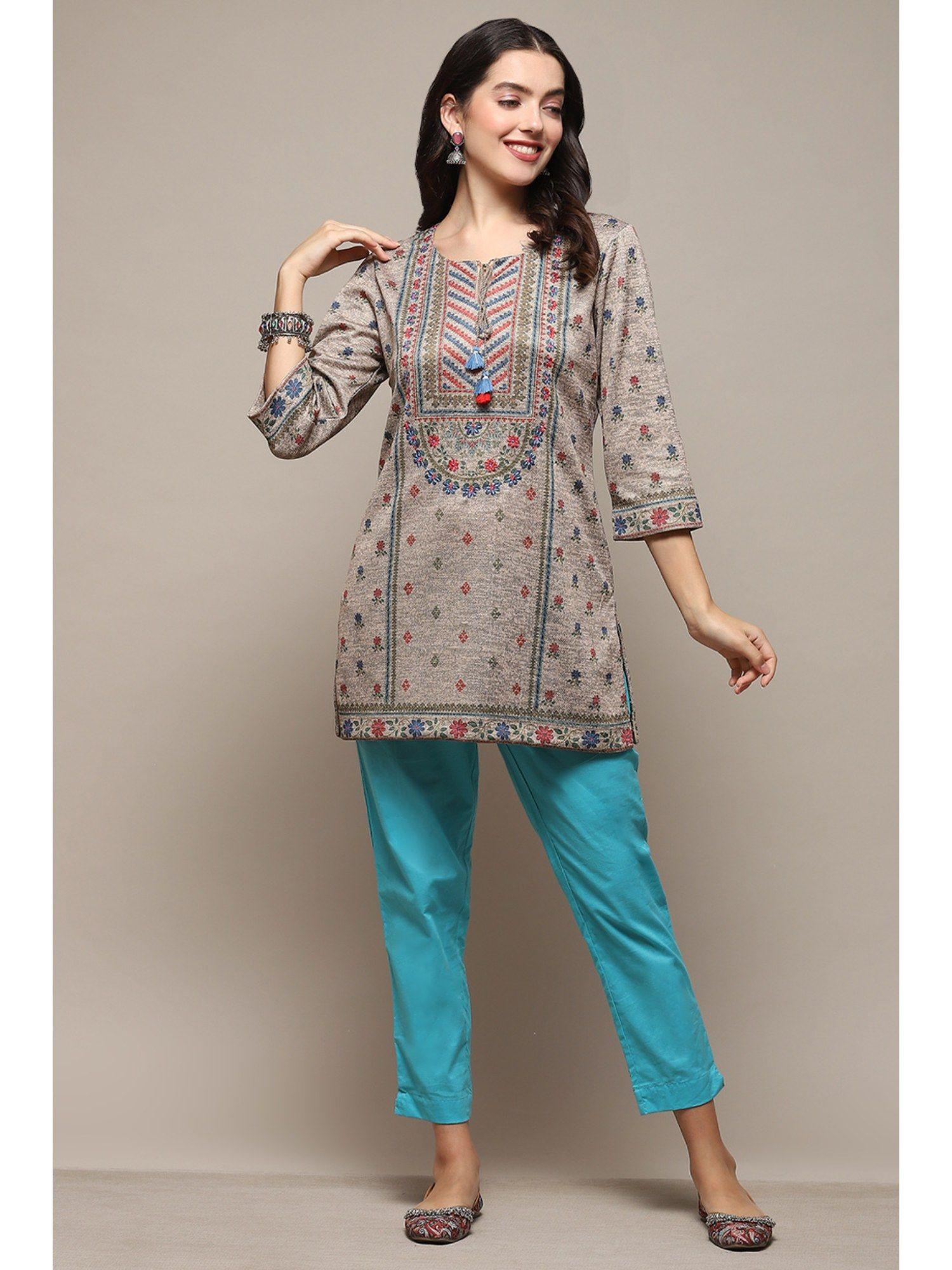 women cotton blend printed tunic - beige