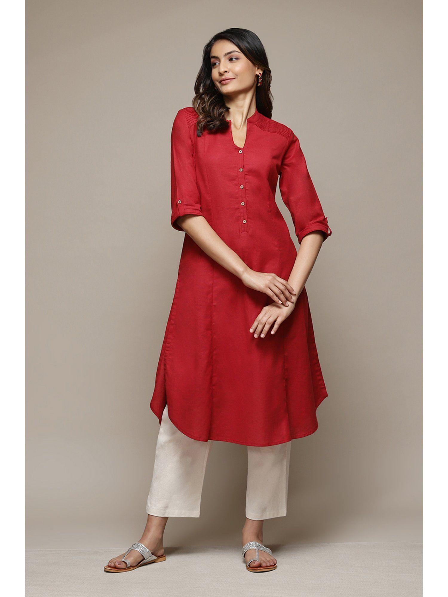 women cotton blend red kurta