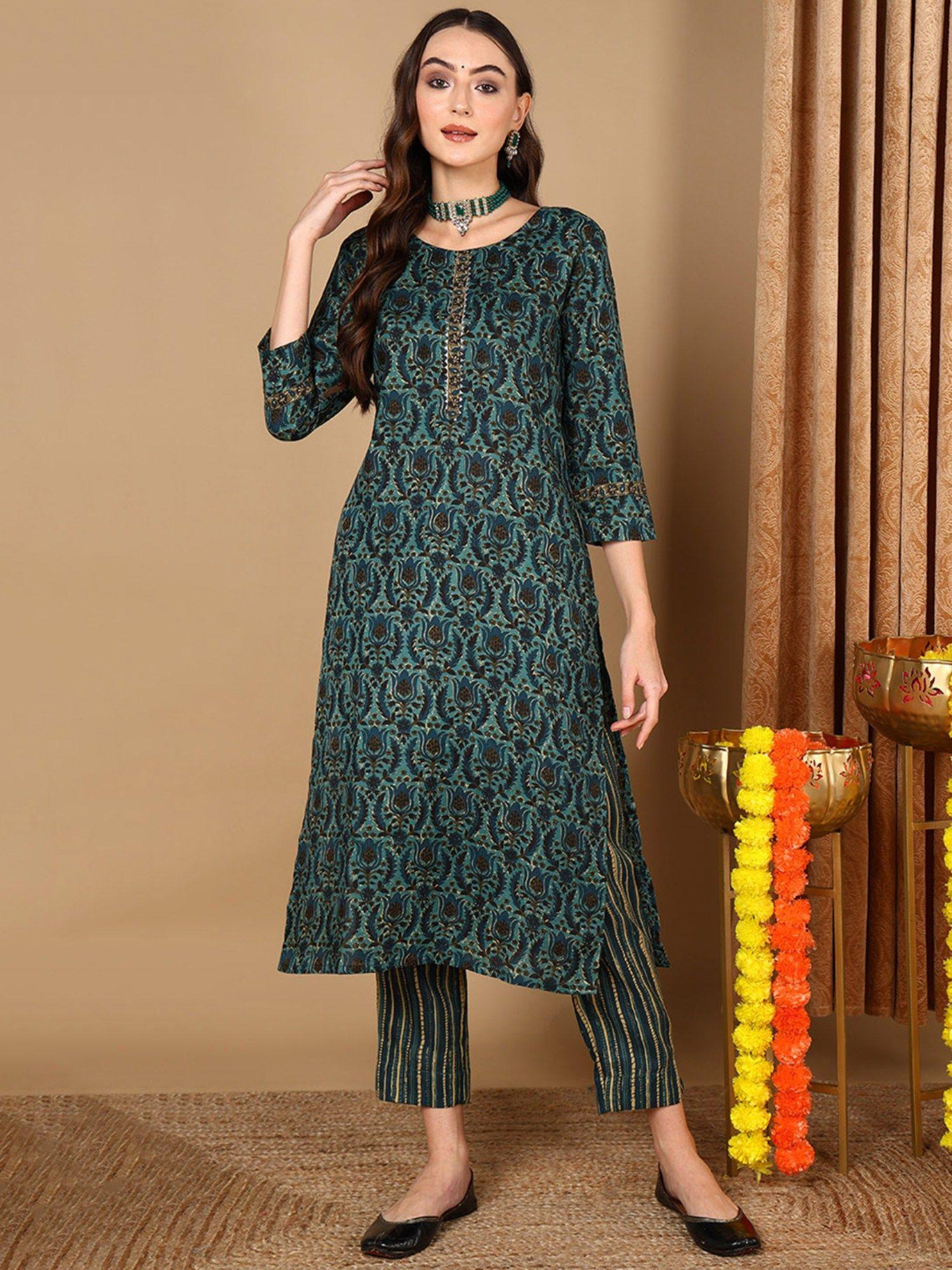 women cotton blend teal floral printed straight kurta with pant (set of 2)
