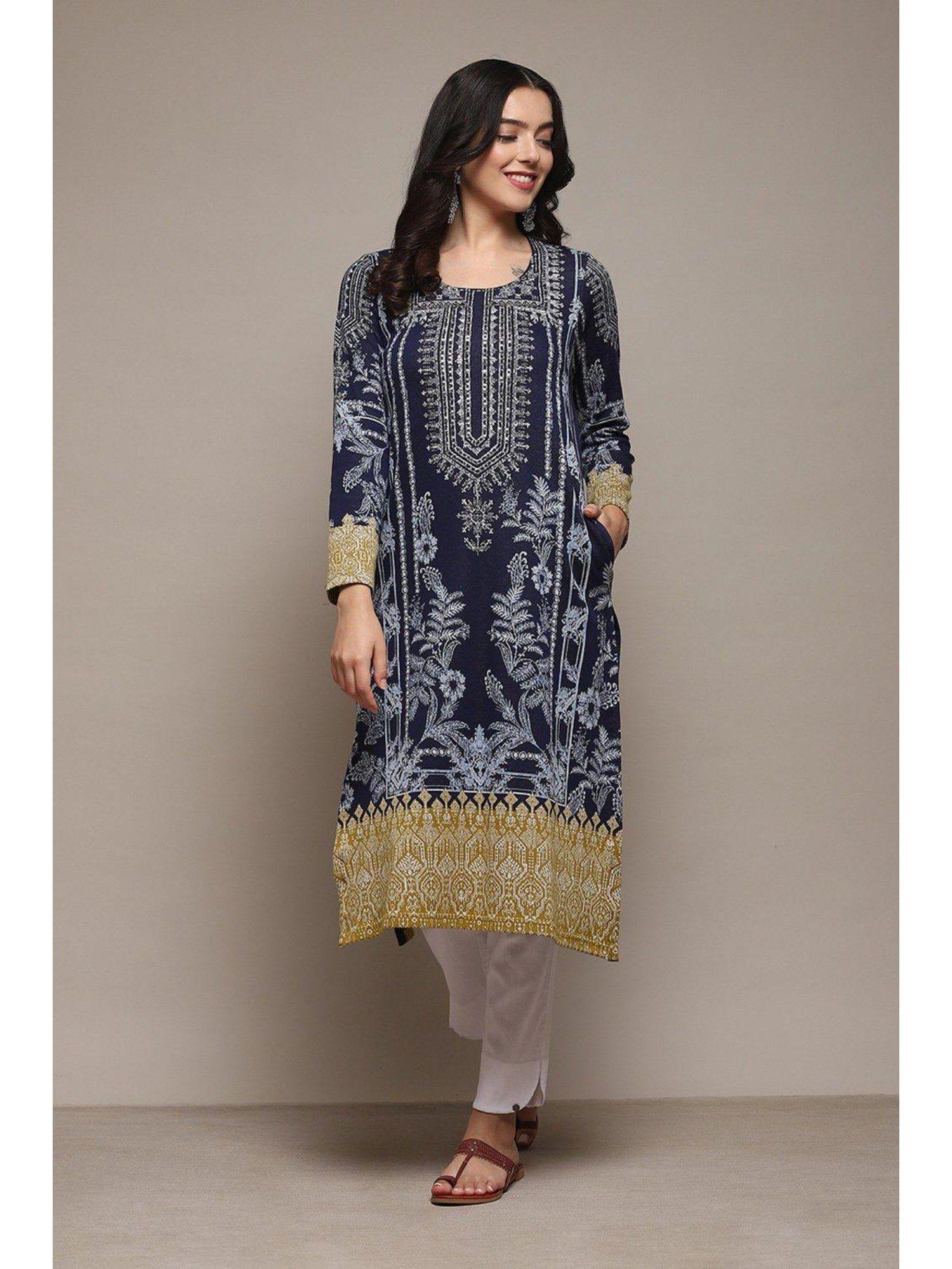 women cotton blend yarded kurtas - blue