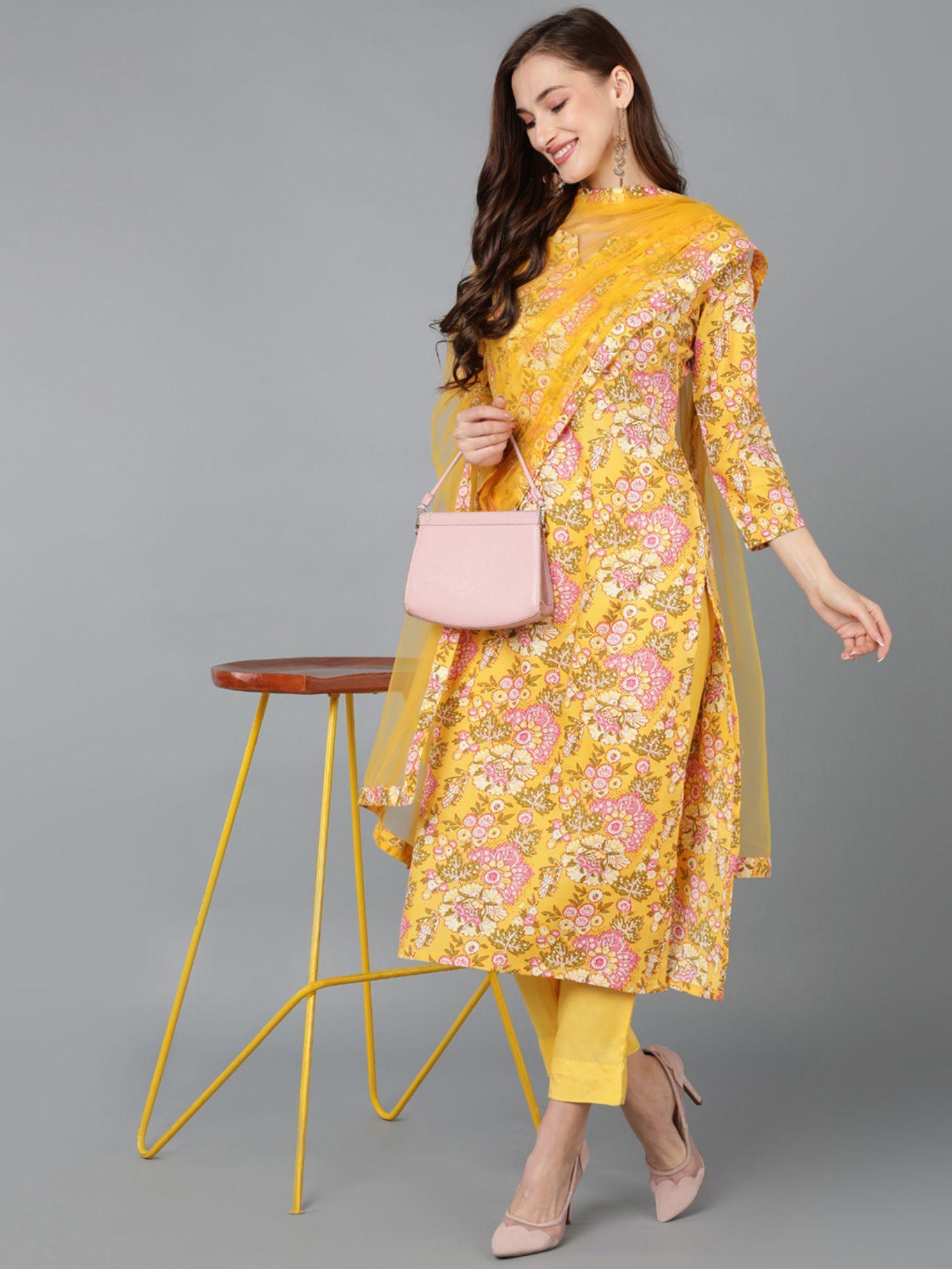 women cotton blend yellow printed straight kurta pant with dupatta (set of 3)