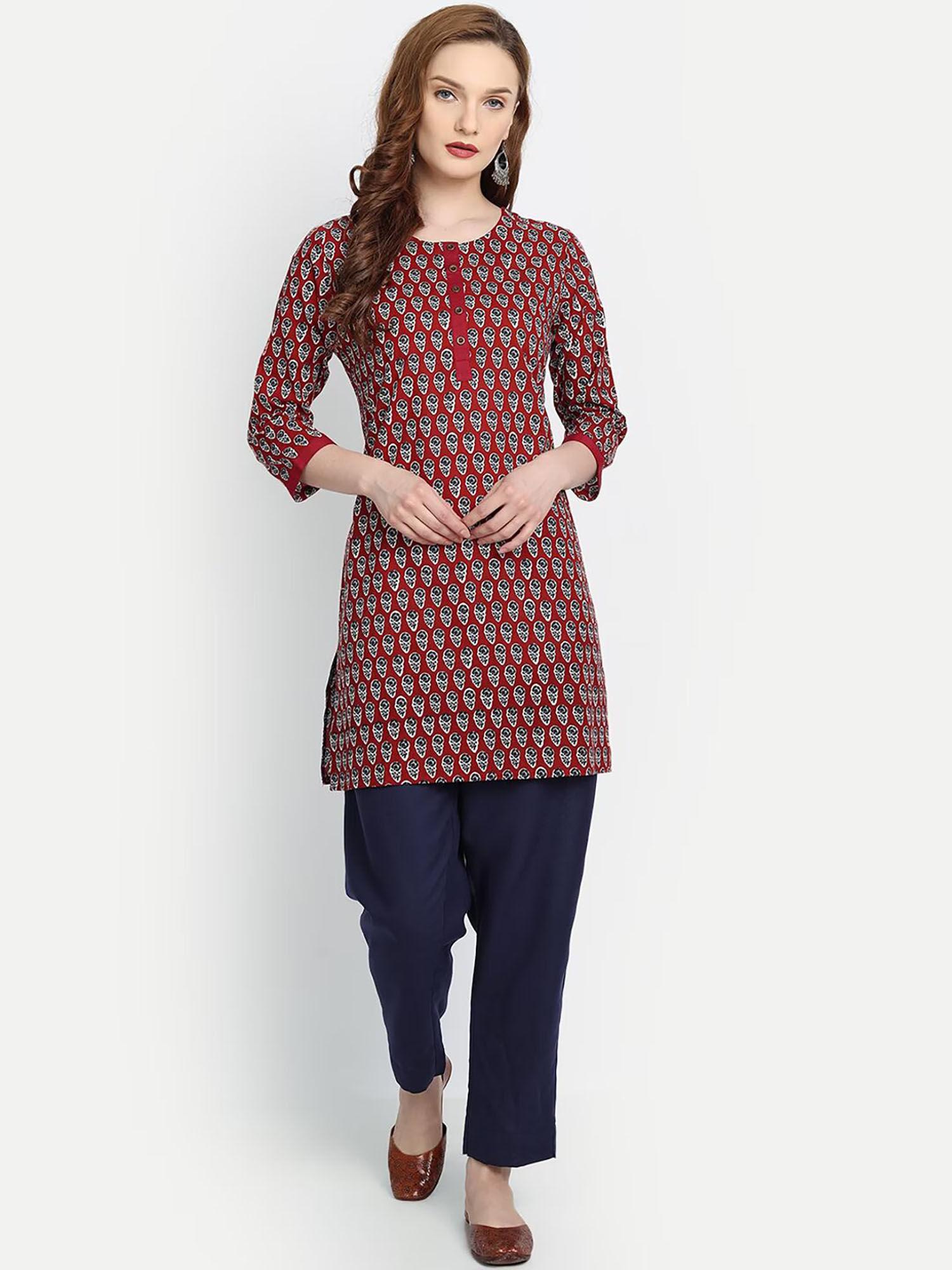 women cotton block print straight tunic - red