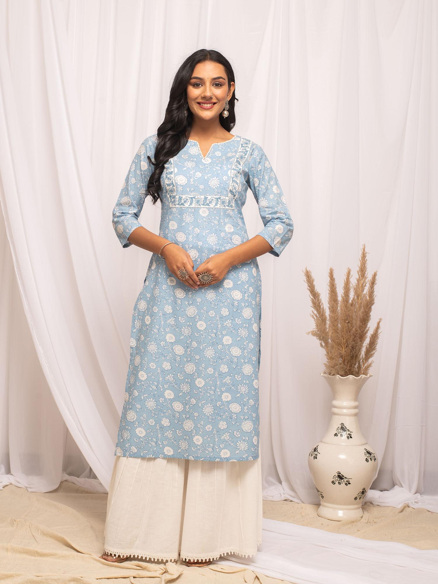 women cotton blue floral printed kurta