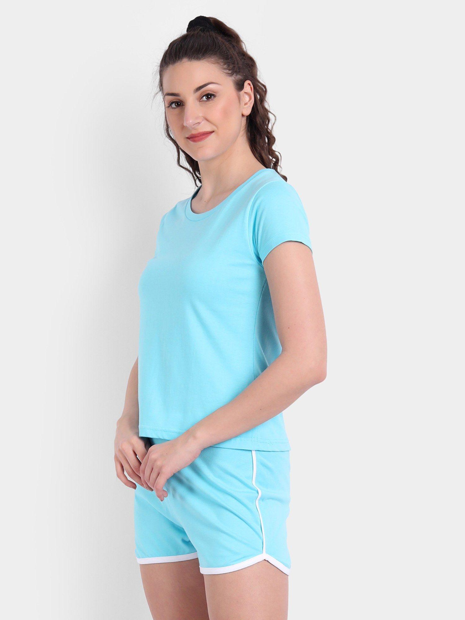 women cotton blue solid t-shirt