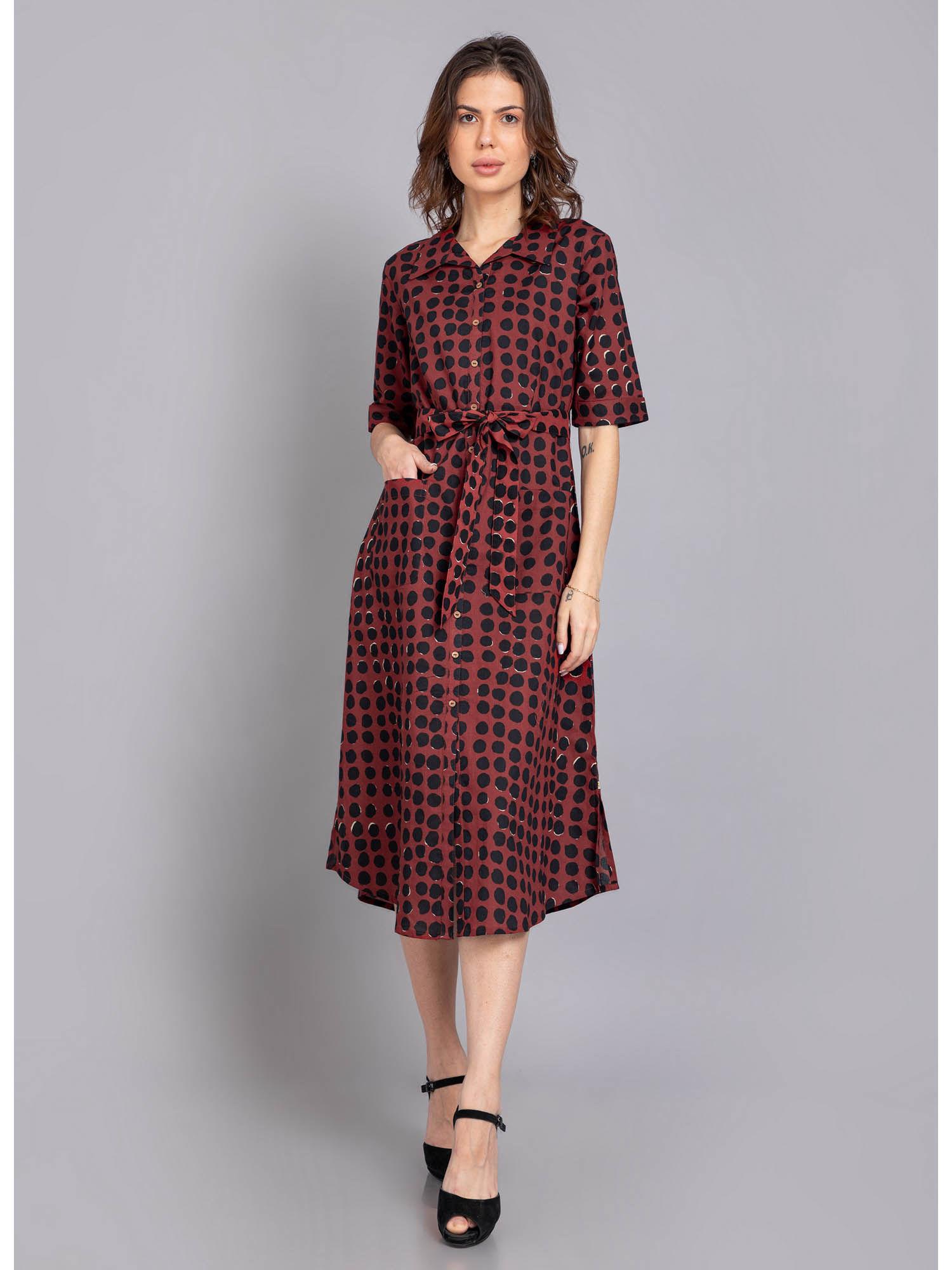women cotton casual day out wear printed a line dress red