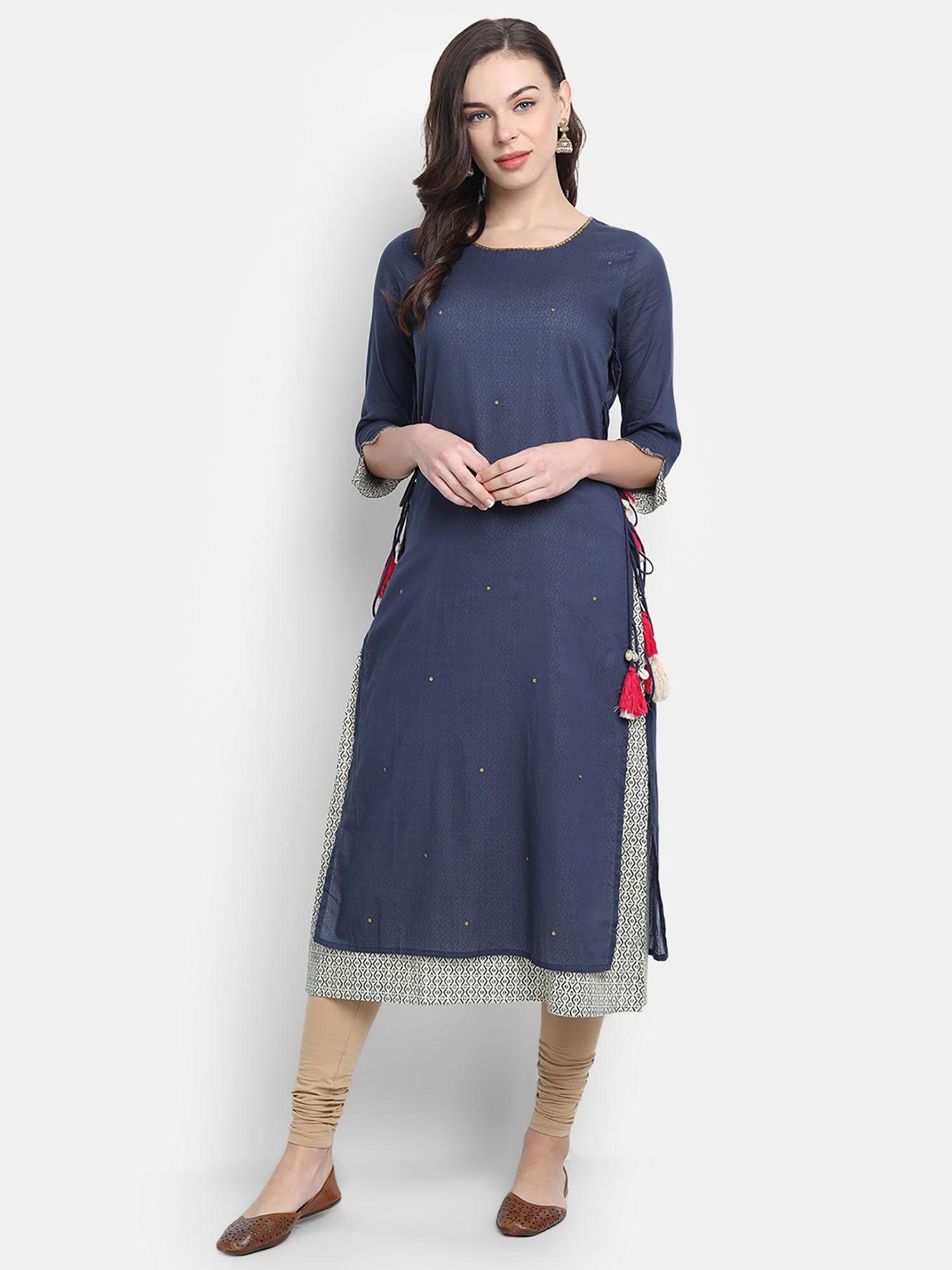 women cotton casual latkan and tassels on kurta navy blue