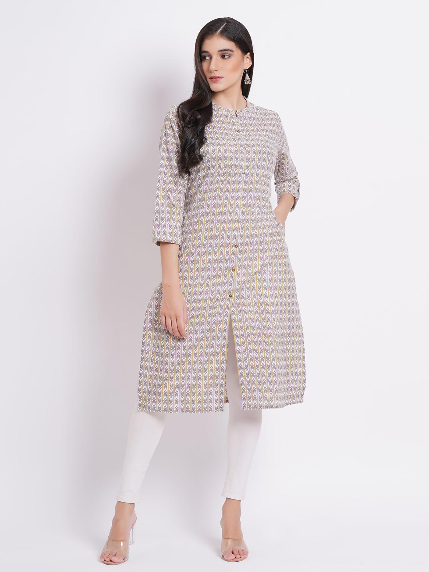 women cotton casual wear printed kurta detailed with metal button chelse grey