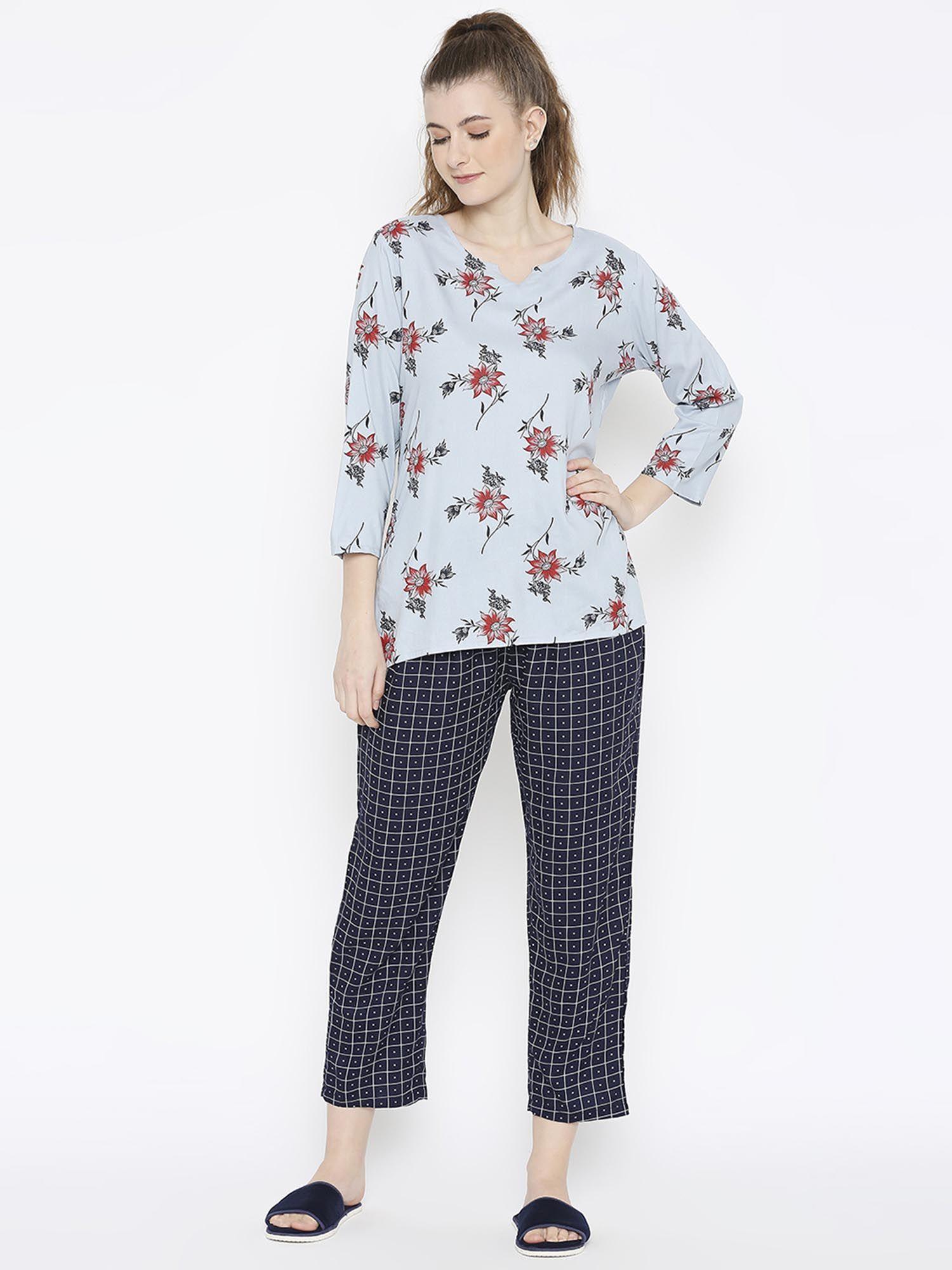 women cotton checks & floral print night suit (set of 2)