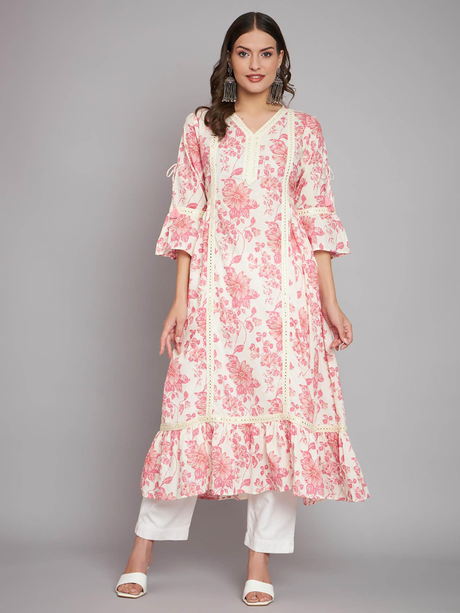 women cotton cream floral print tiered kurta