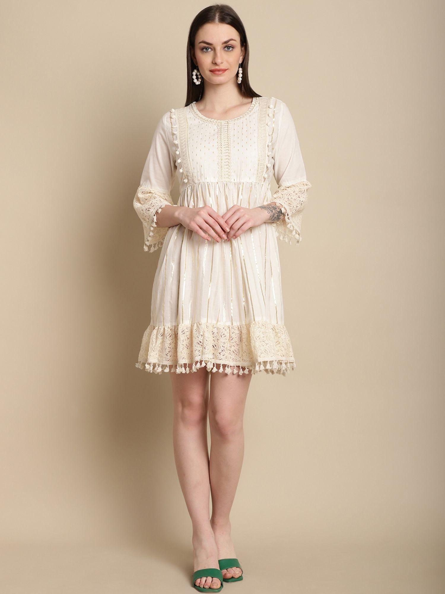 women cotton cream thread embrodiery dress