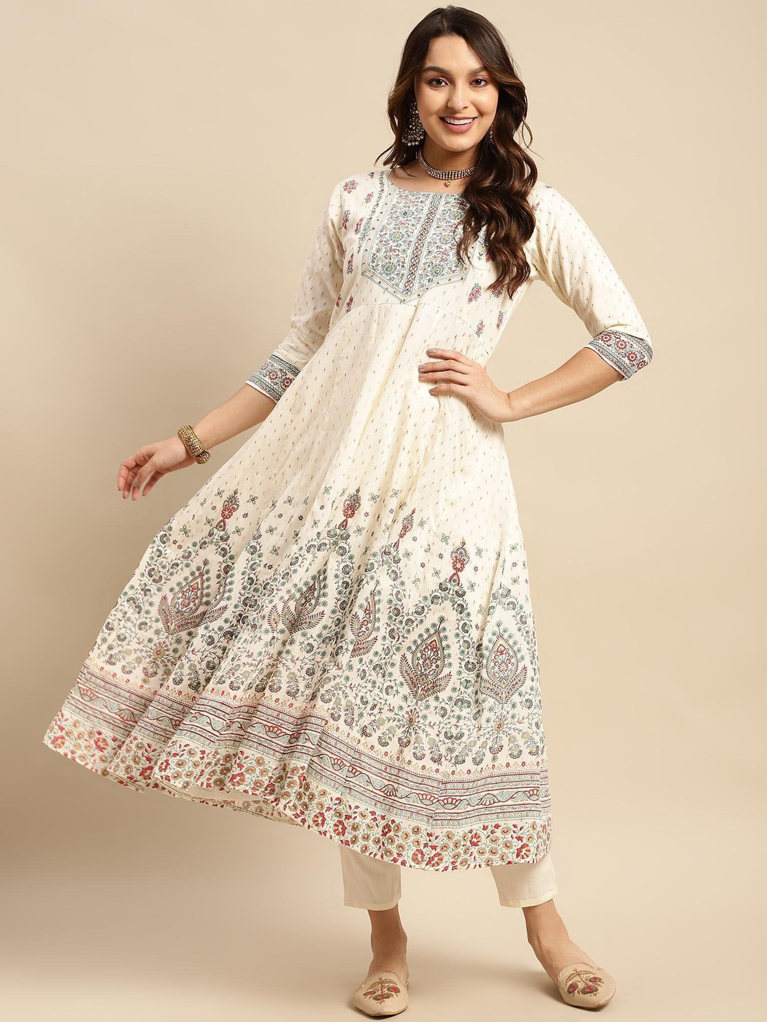 women cotton cream yoke embroidered calf length anarkali kurta