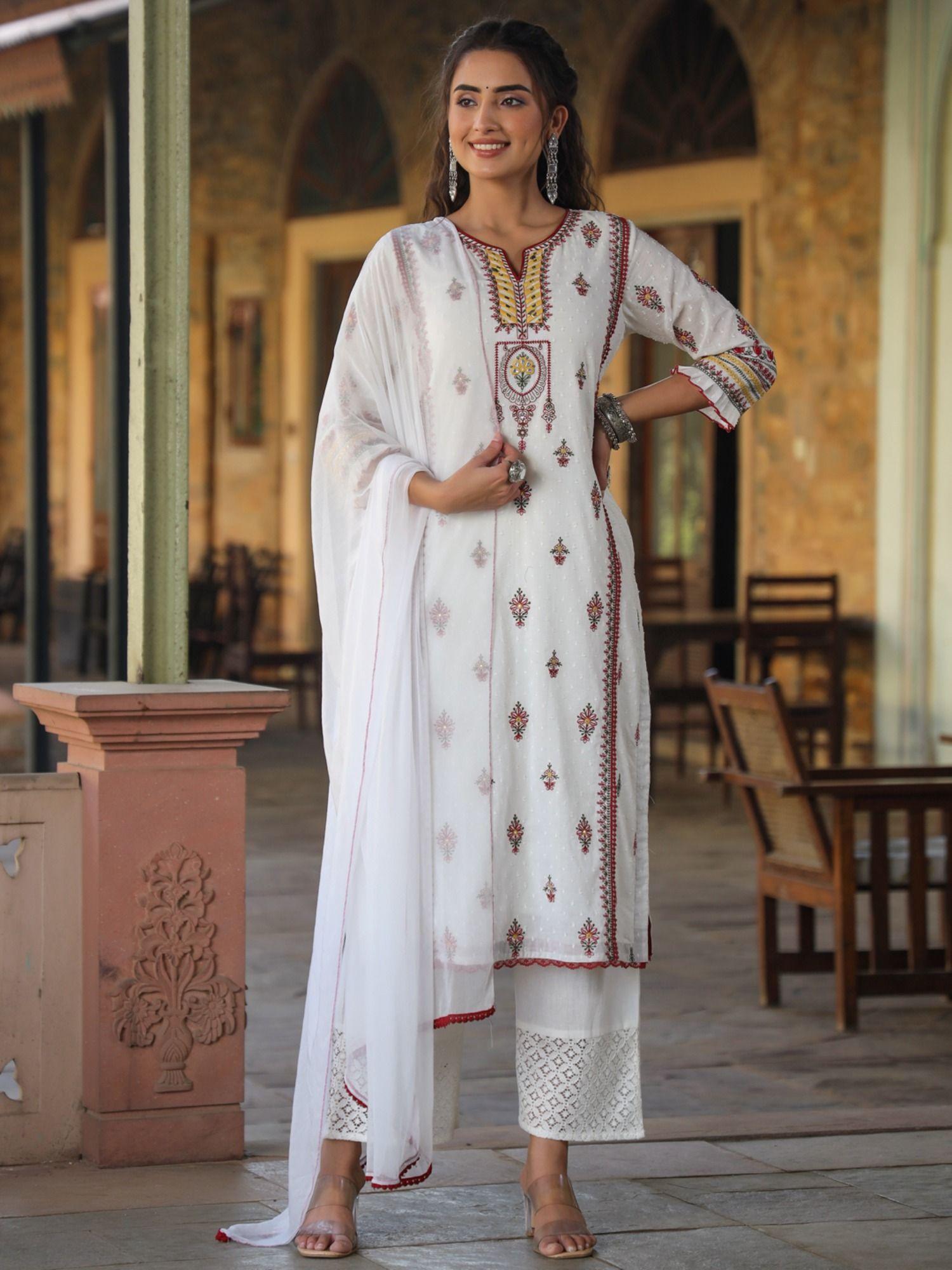 women cotton dobby embroidered straight kurta sets (set of 3)