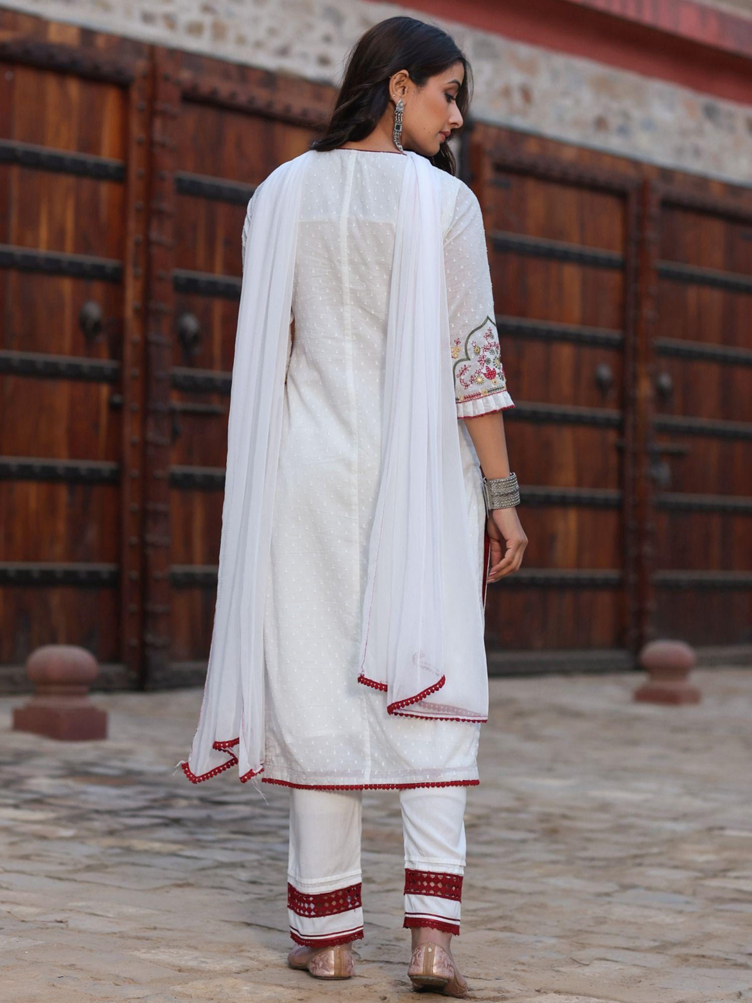 women cotton dobby embroidered straight kurta sets (set of 3)