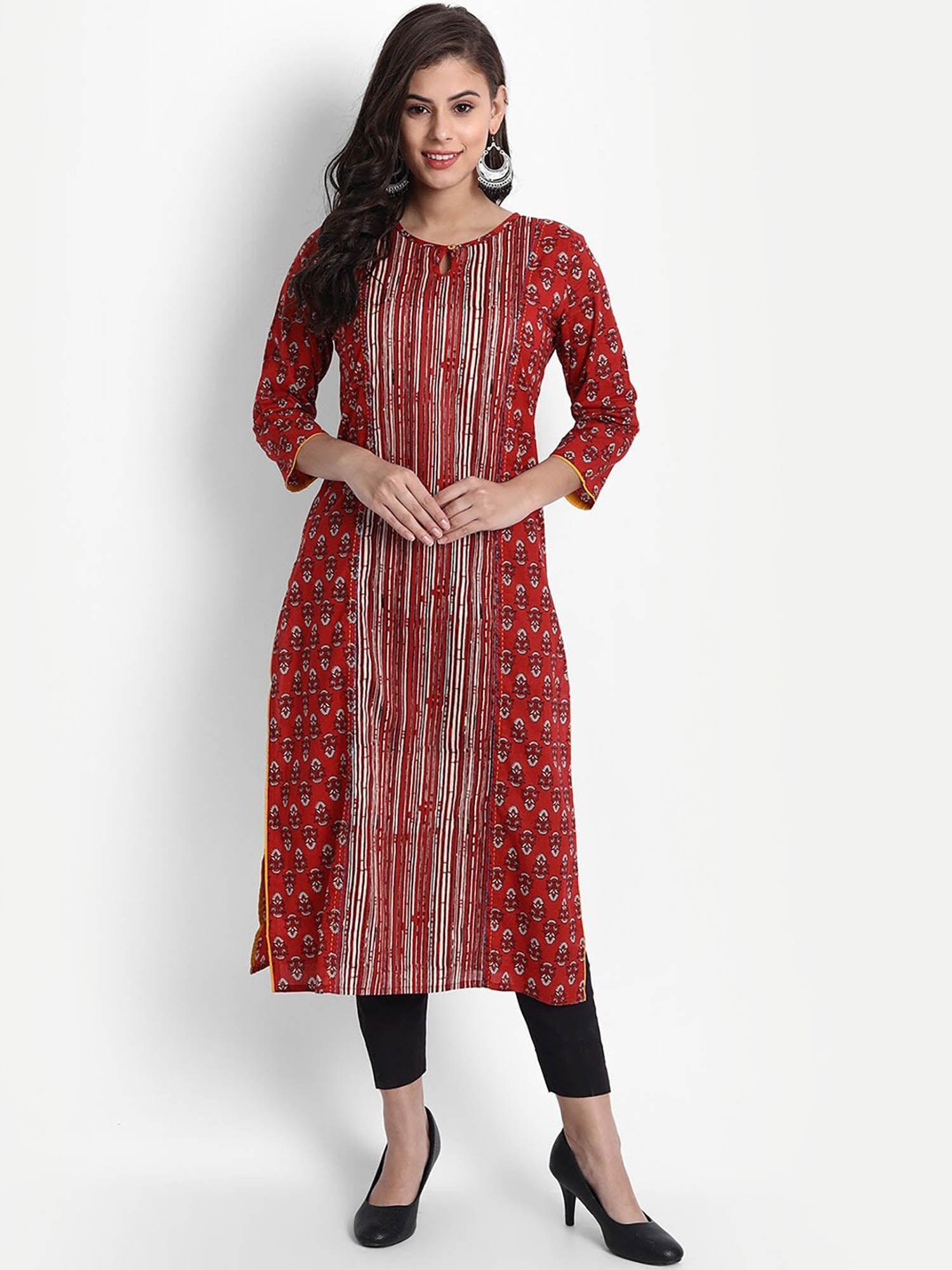 women cotton double printed straight kurta maroon