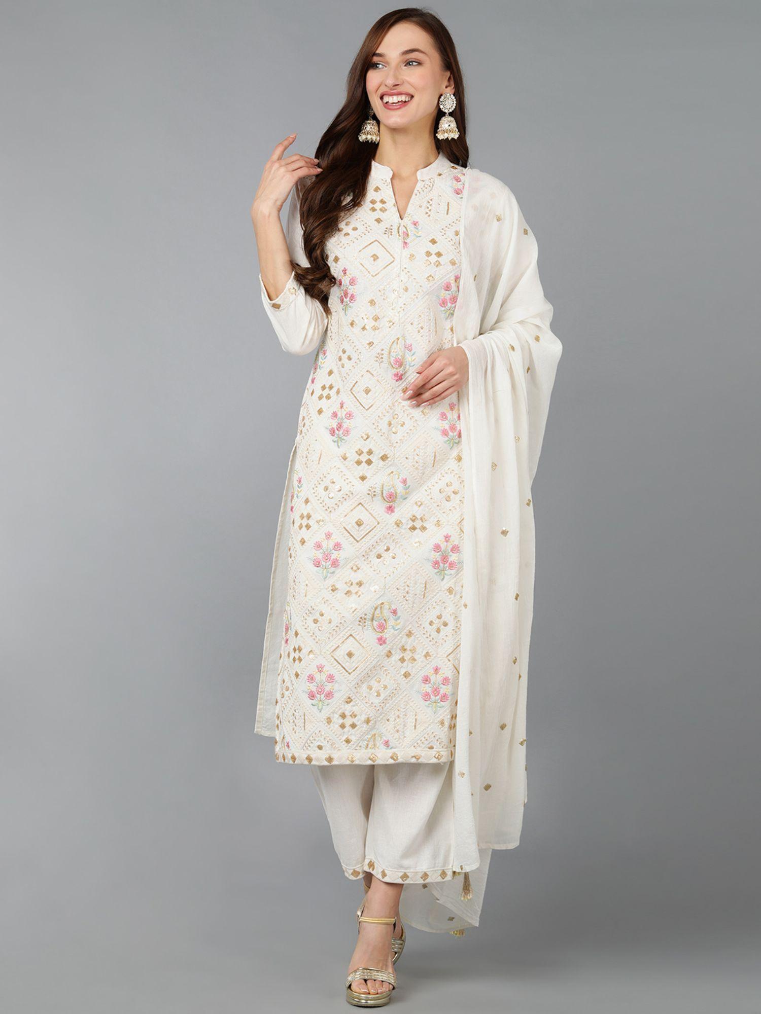 women cotton embroidered ethnic kurta trouser with dupatta (set of 3)