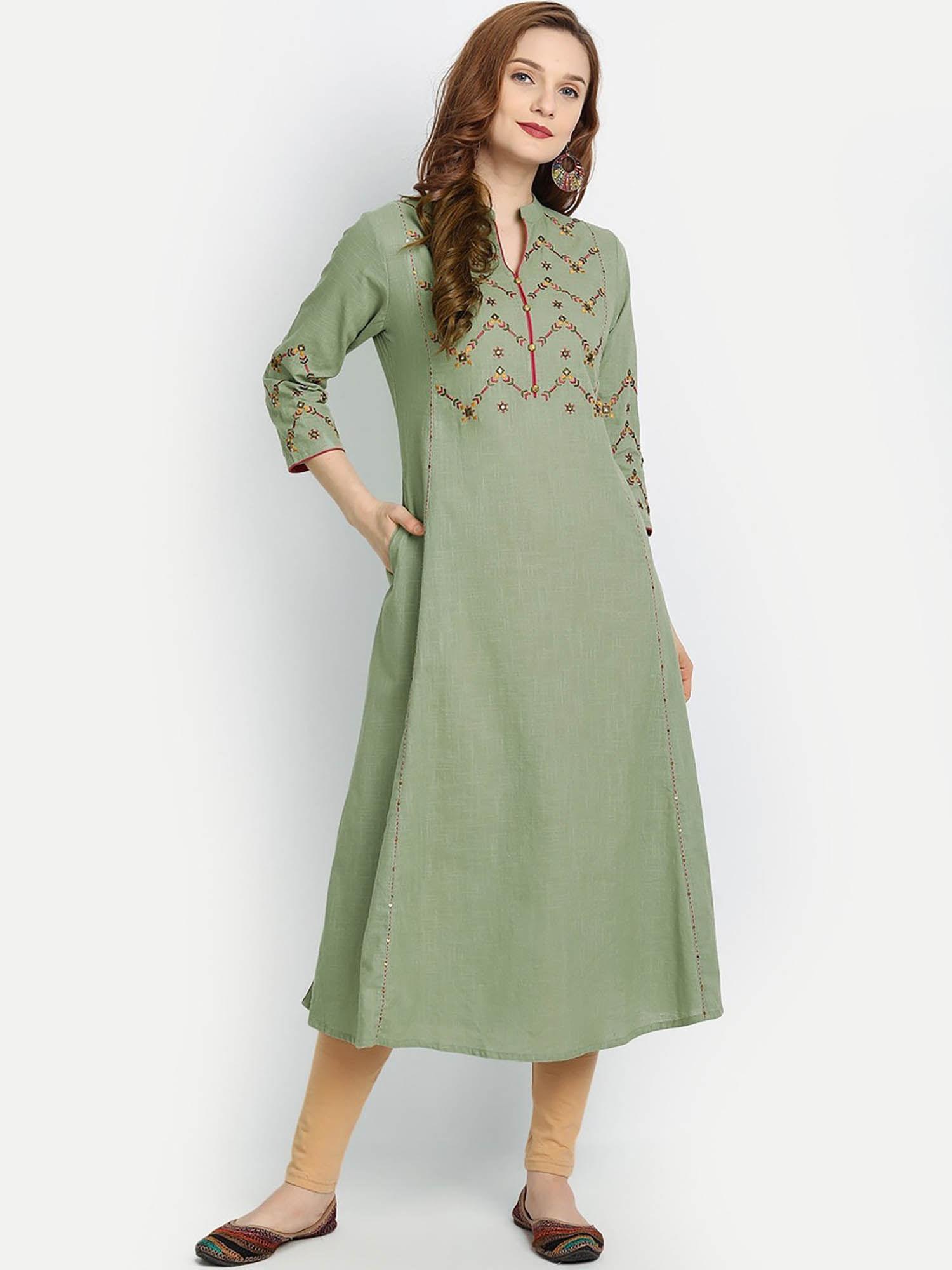 women cotton embroidery long kurta green