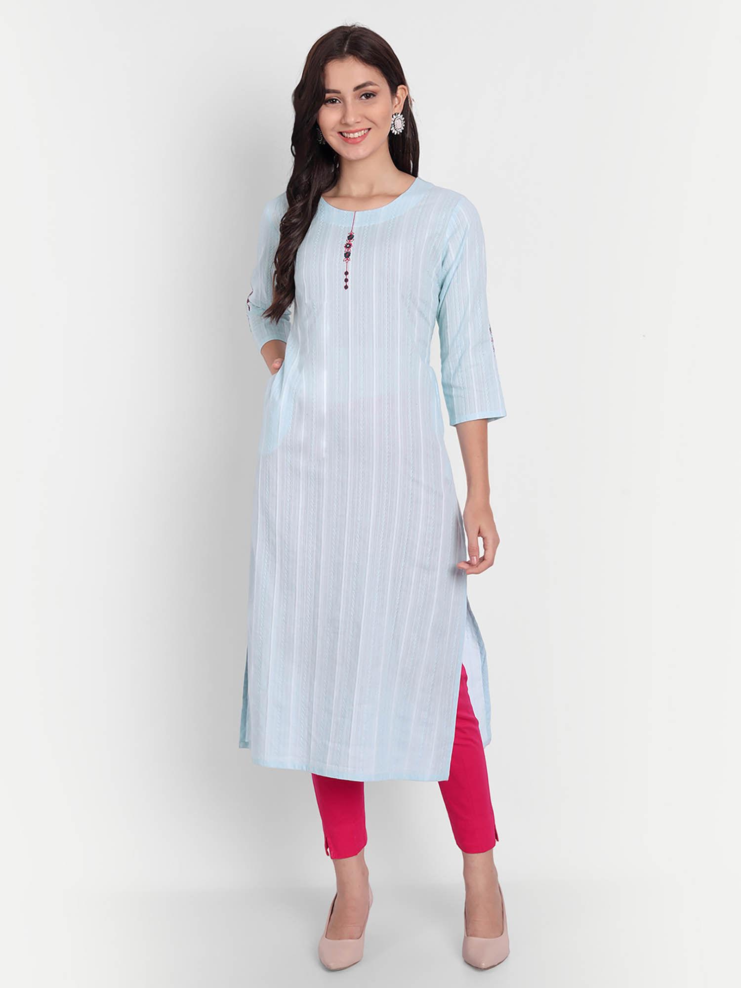 women cotton embroidery work straight long kurta blue