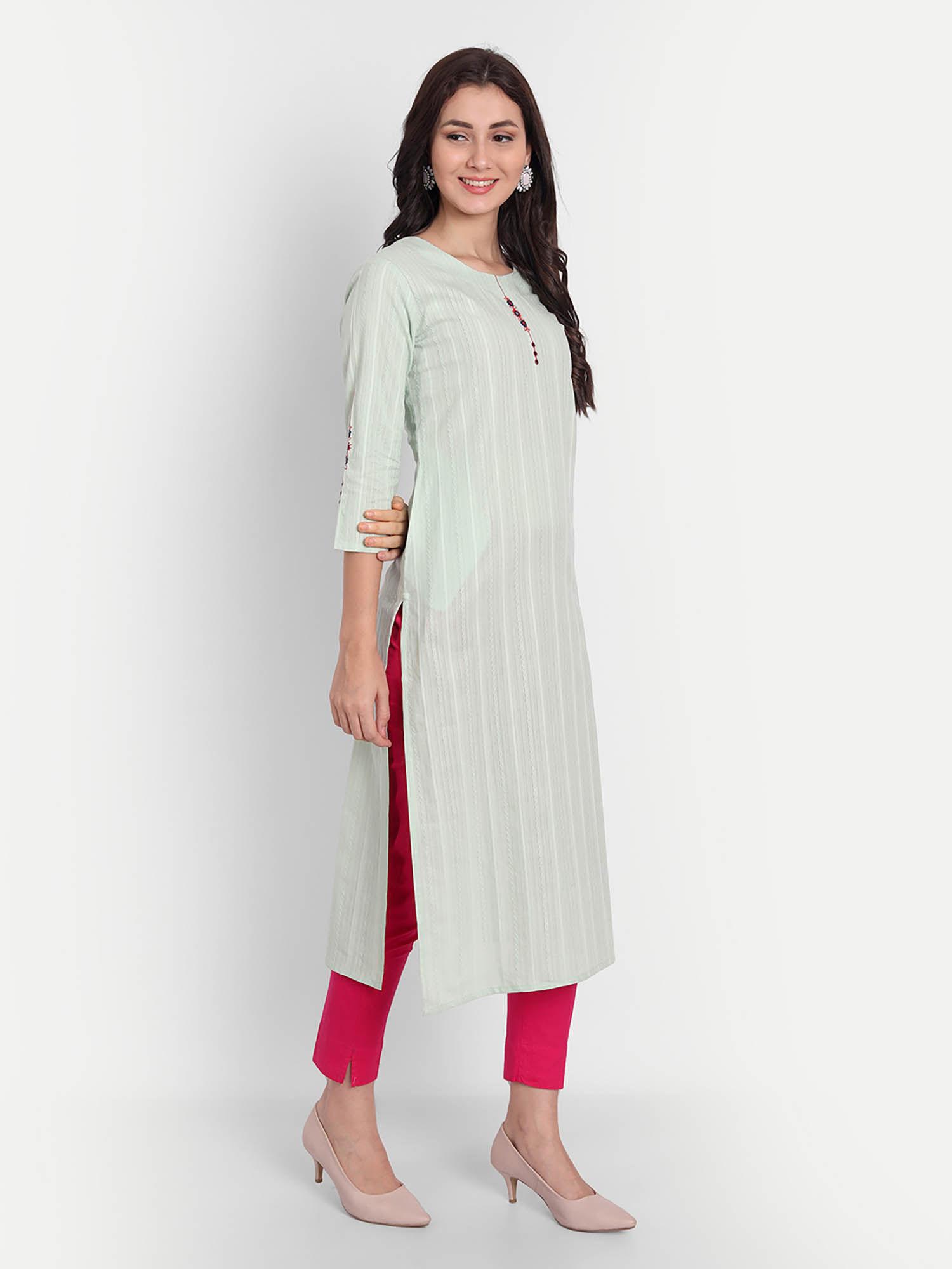 women cotton embroidery work straight long kurta green