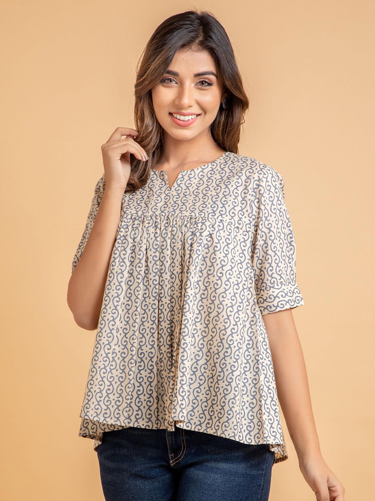 women cotton flared and gathered short top - grey