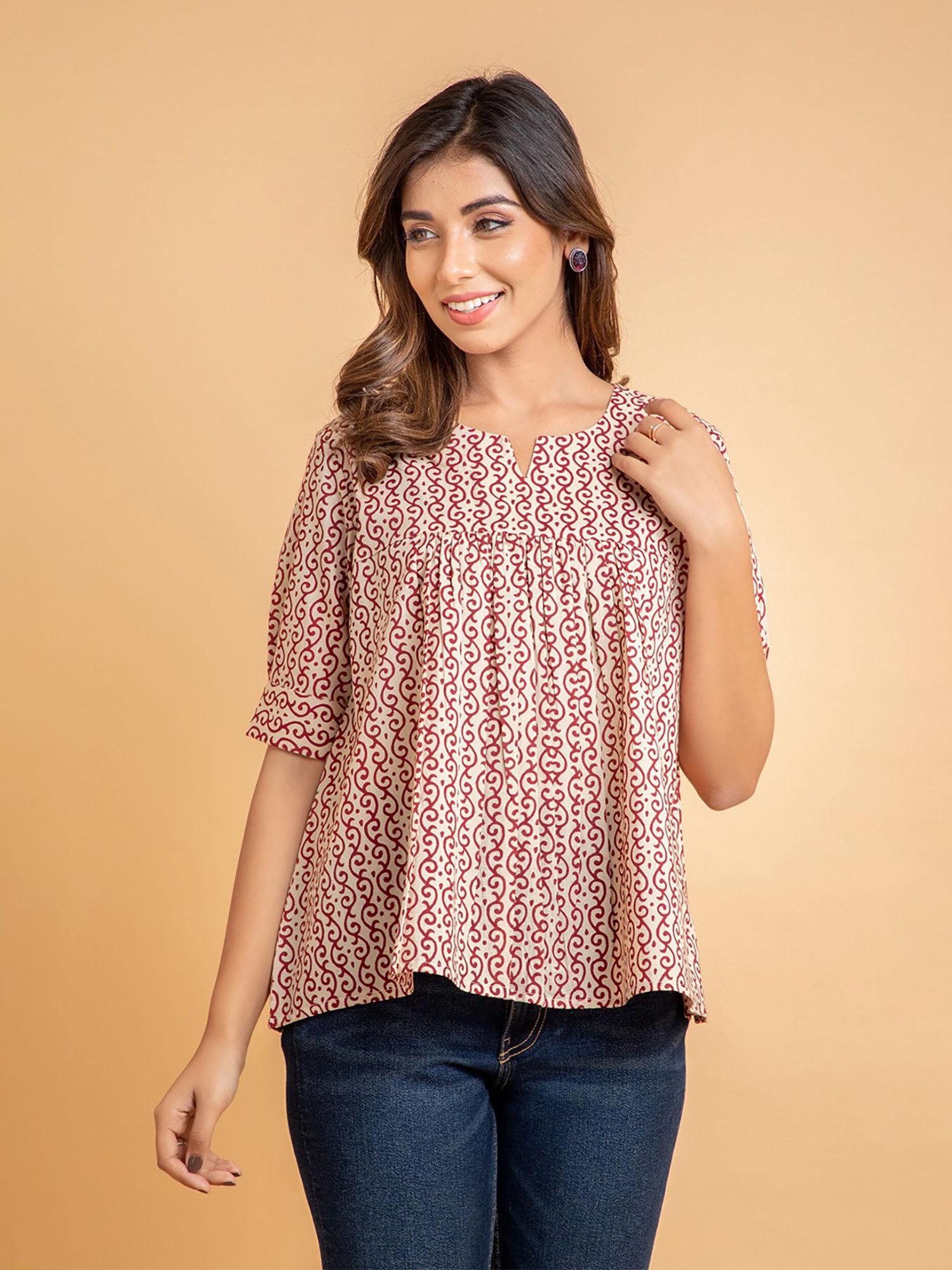 women cotton flared and gathered short top - maroon