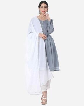 women cotton flared kurta with pants & dupatta