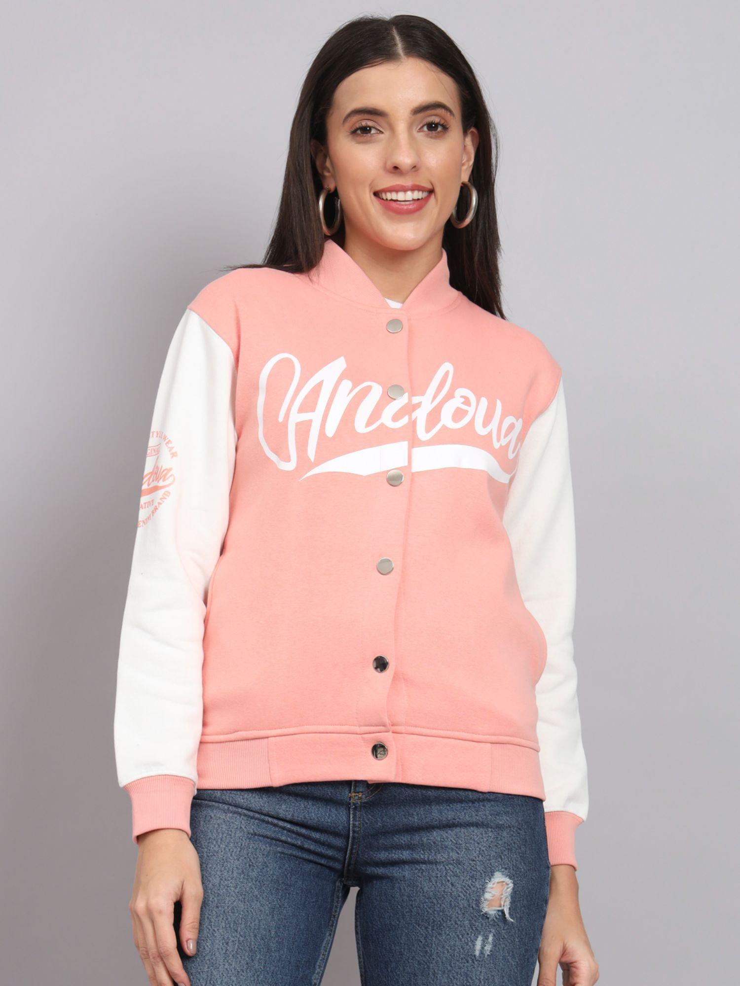 women cotton fleece peach varsity jacket