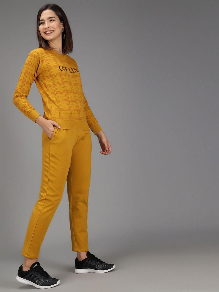 women cotton fleece round neck mustard tracksuit