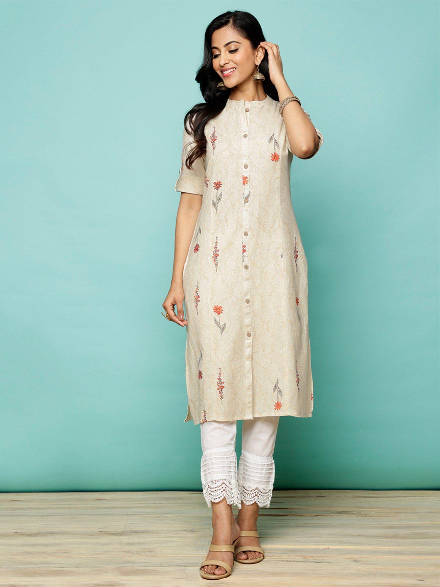 women cotton flex red printed calf length a-line kurta