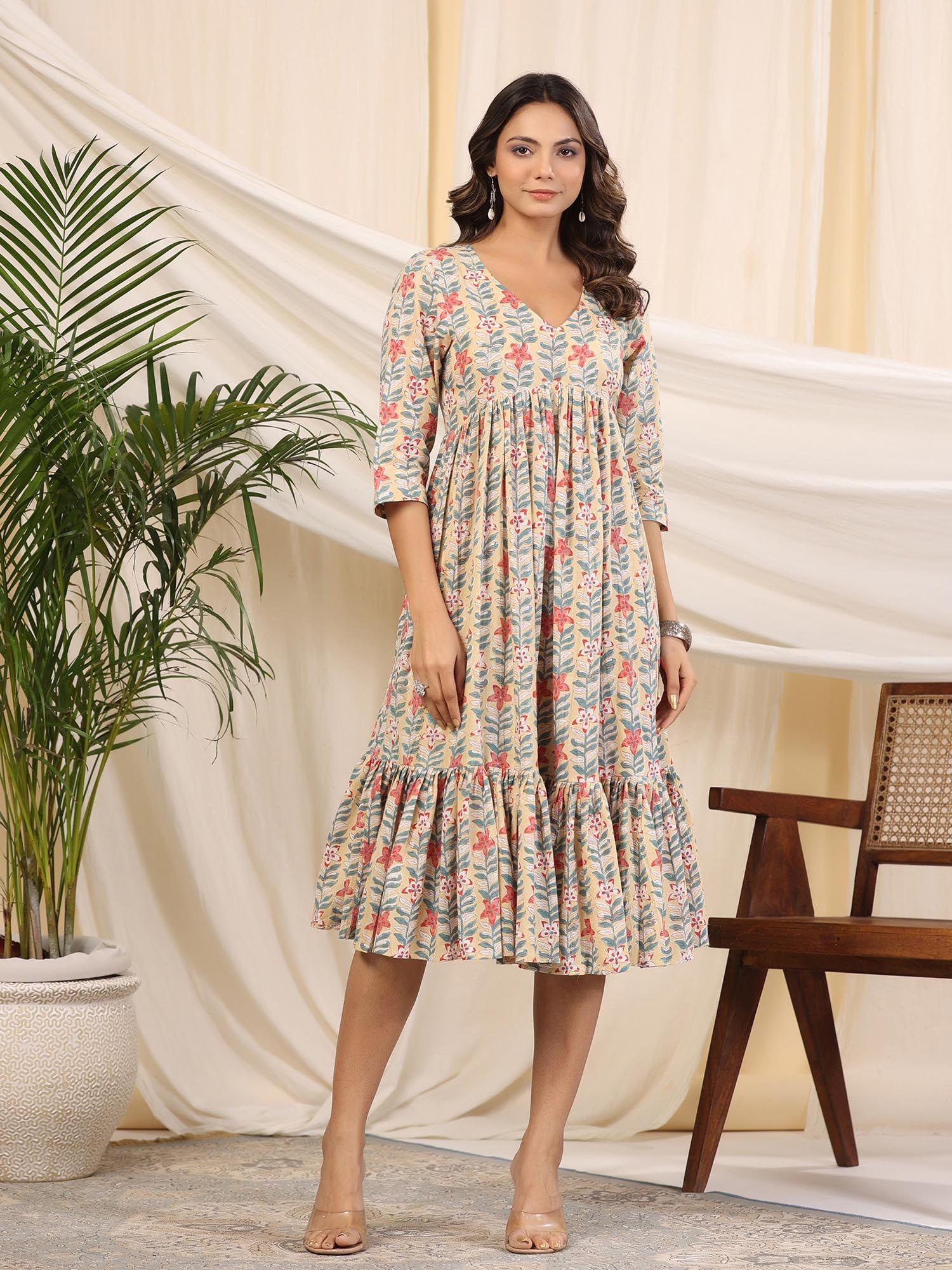 women cotton floral cream midi dress