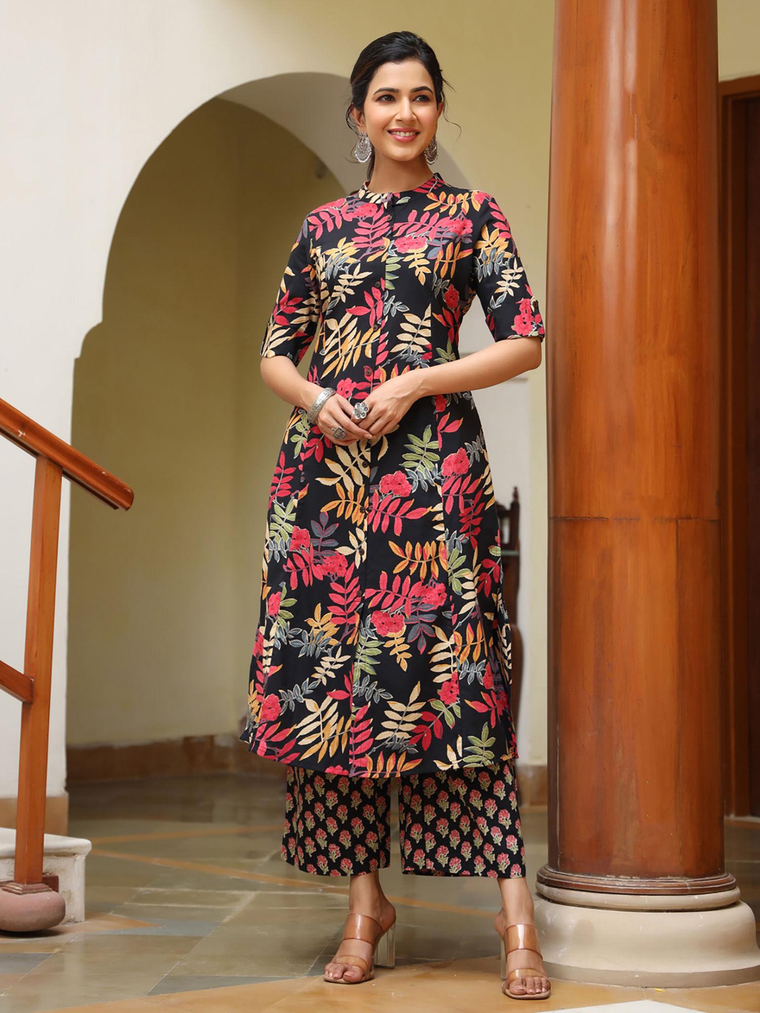 women cotton floral print a-line kurta & pant black (set of 2)