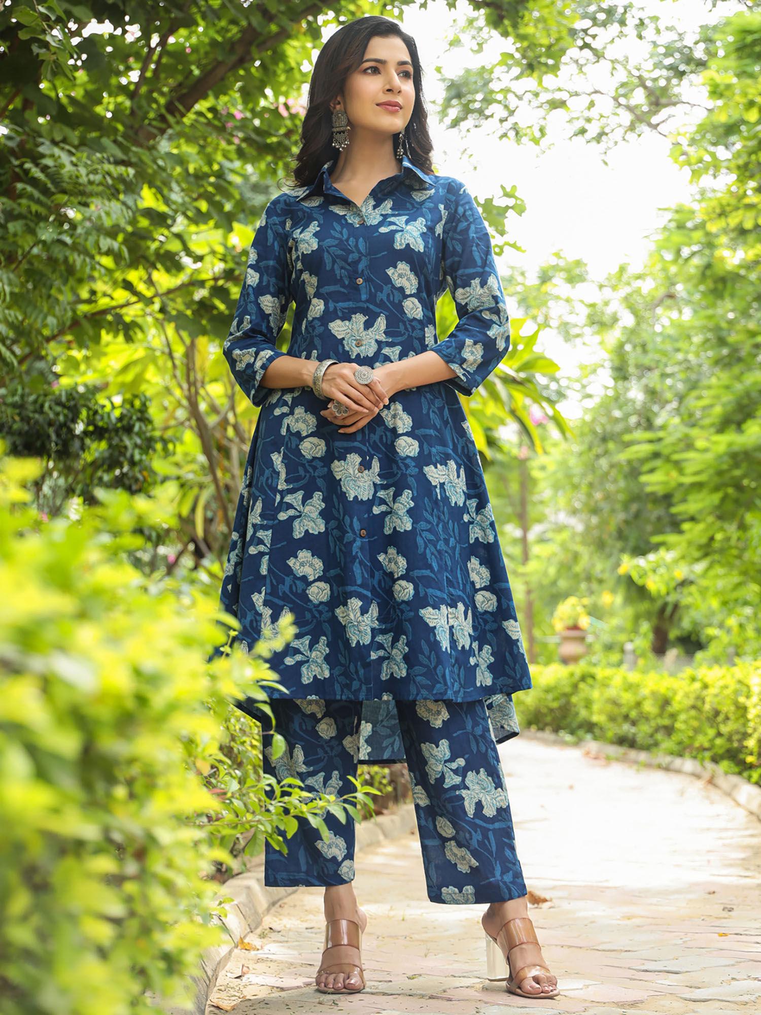 women cotton floral print a-line kurta & pant blue (set of 2)
