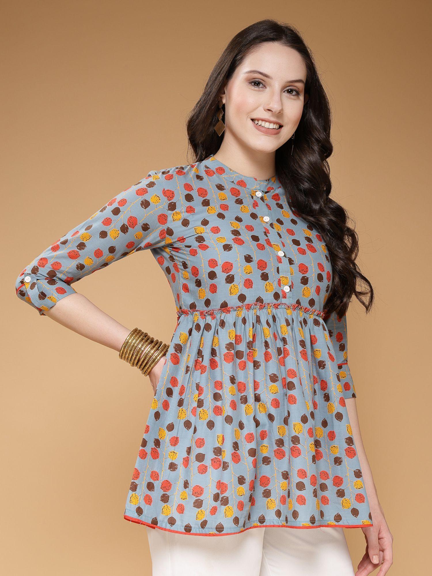 women cotton floral printed blue top