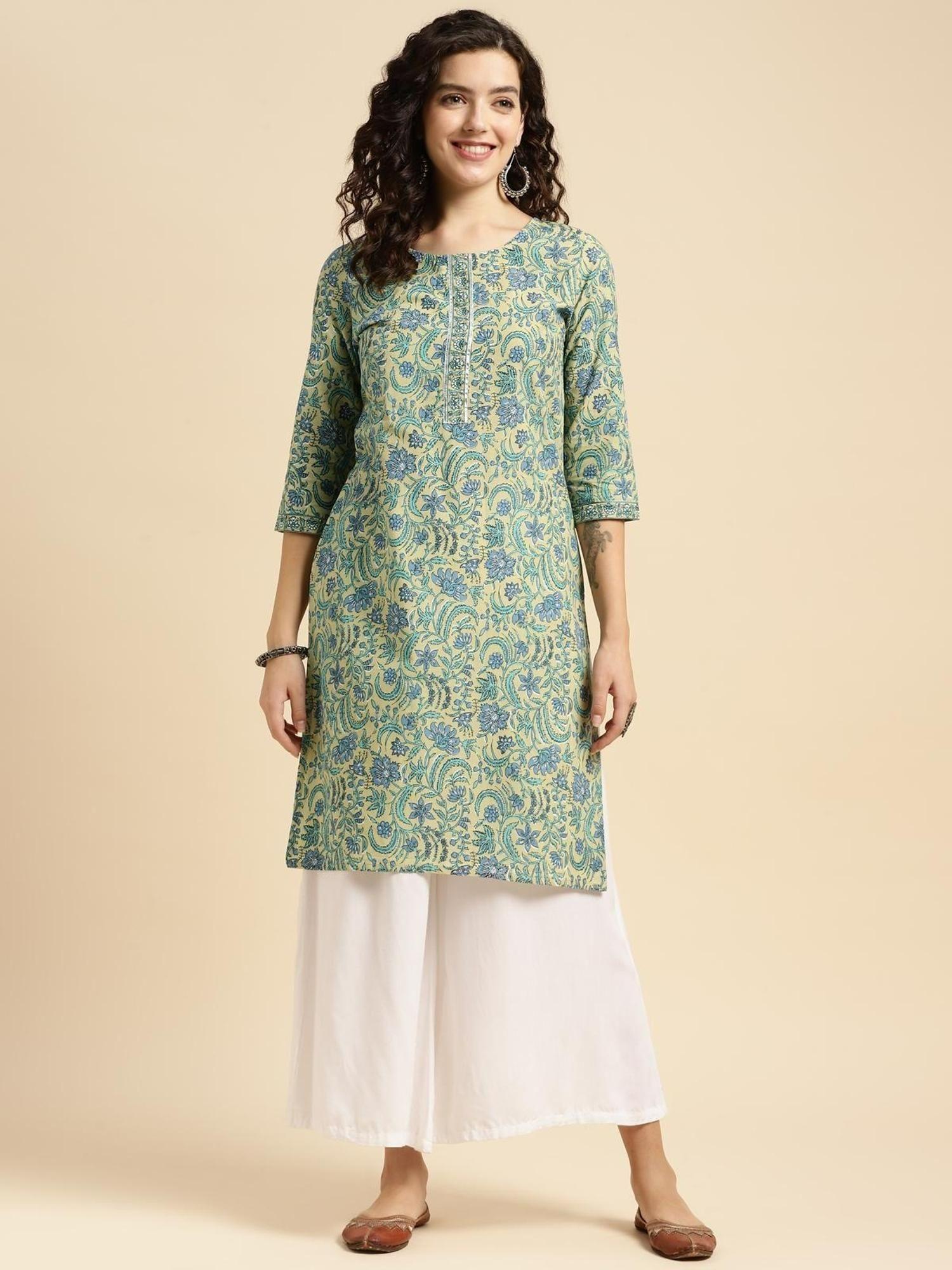 women cotton floral printed knee length straight kurta