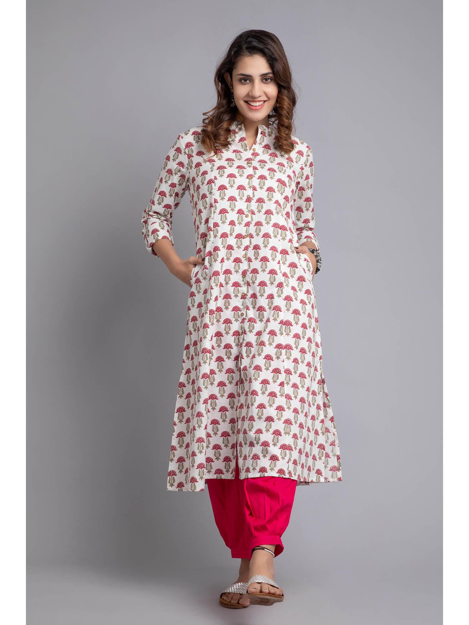 women cotton floral printed kurta white