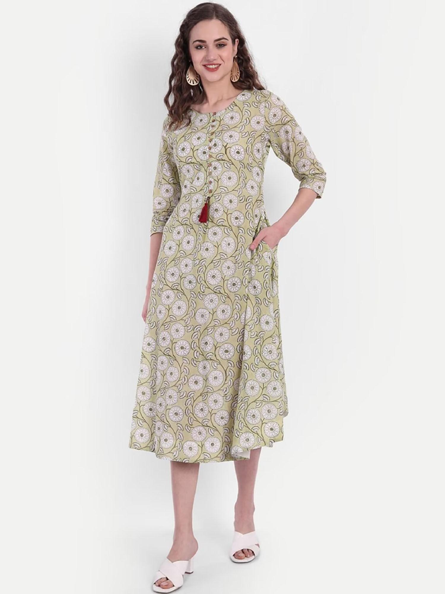 women cotton floral printed long and flair dress - green