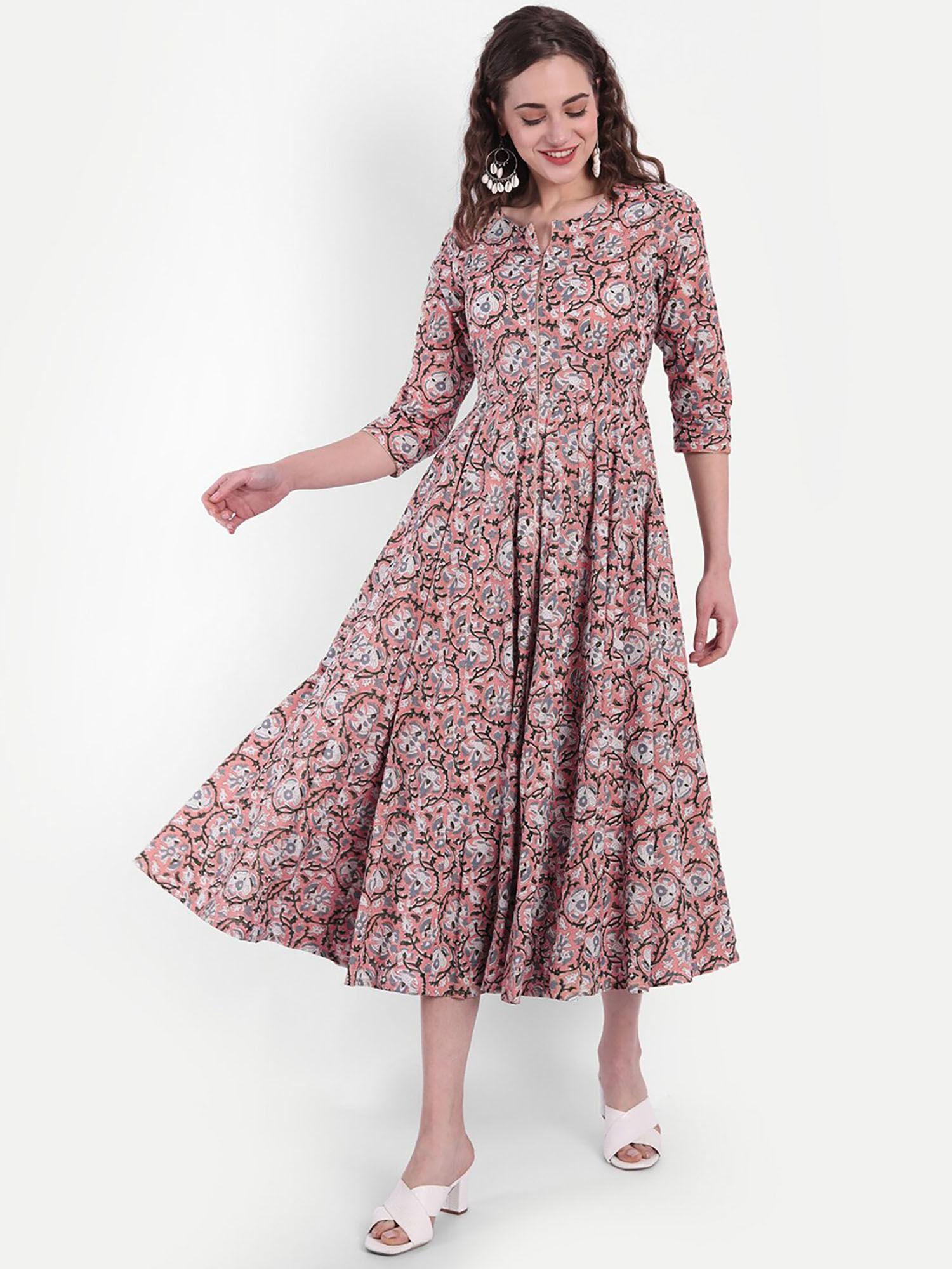 women cotton floral printed long and flair dress - peach