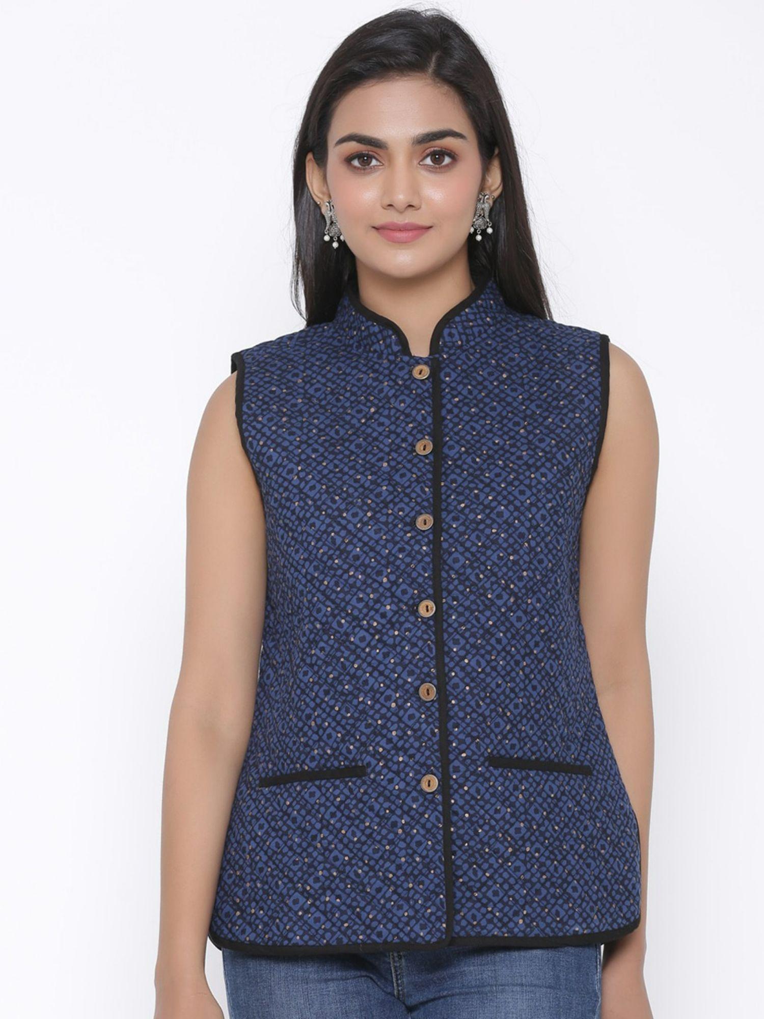 women cotton gold print sleeveless jacket blue