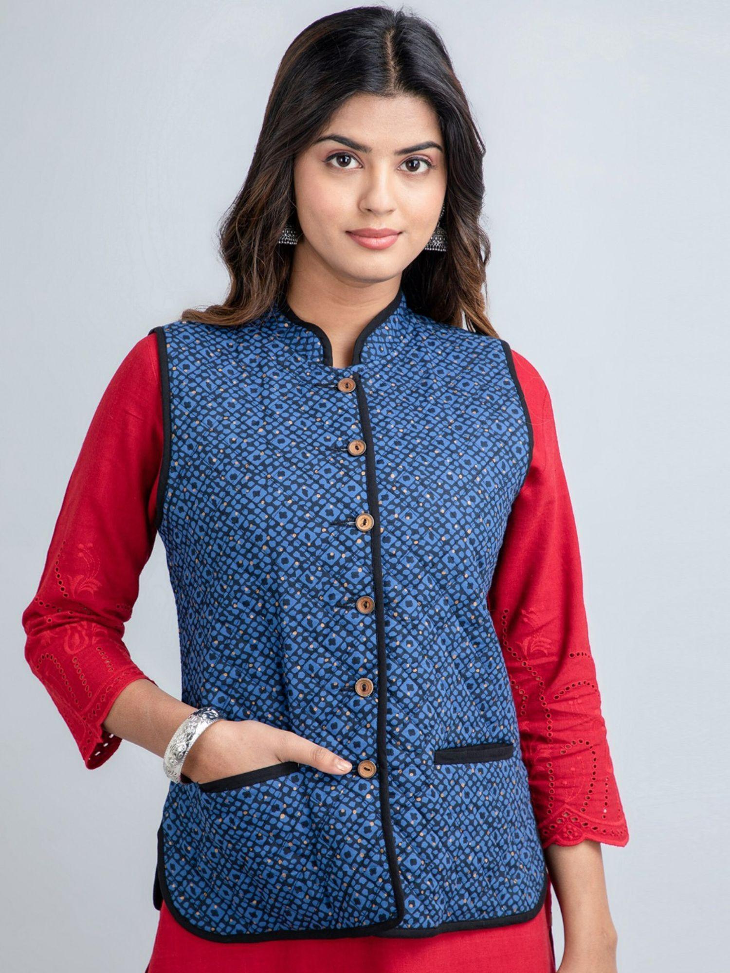 women cotton gold print sleeveless jacket navy blue