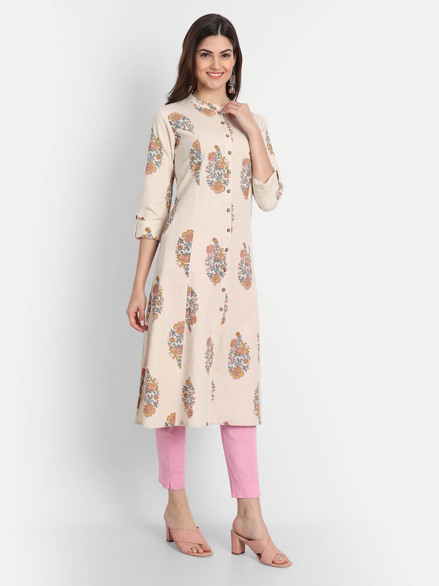 women cotton gold printed a line kurta beige