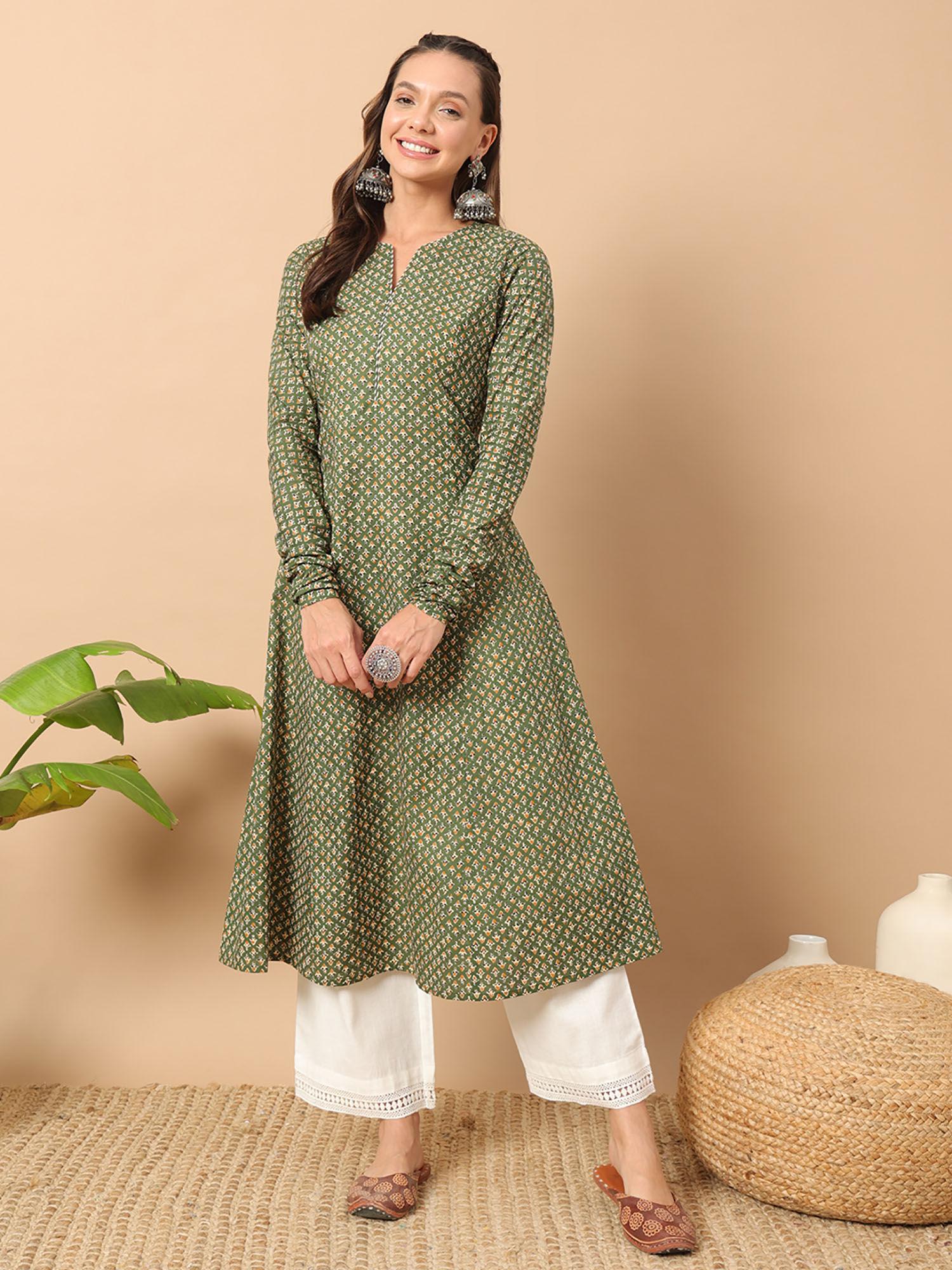 women cotton green floral printed flared kurta