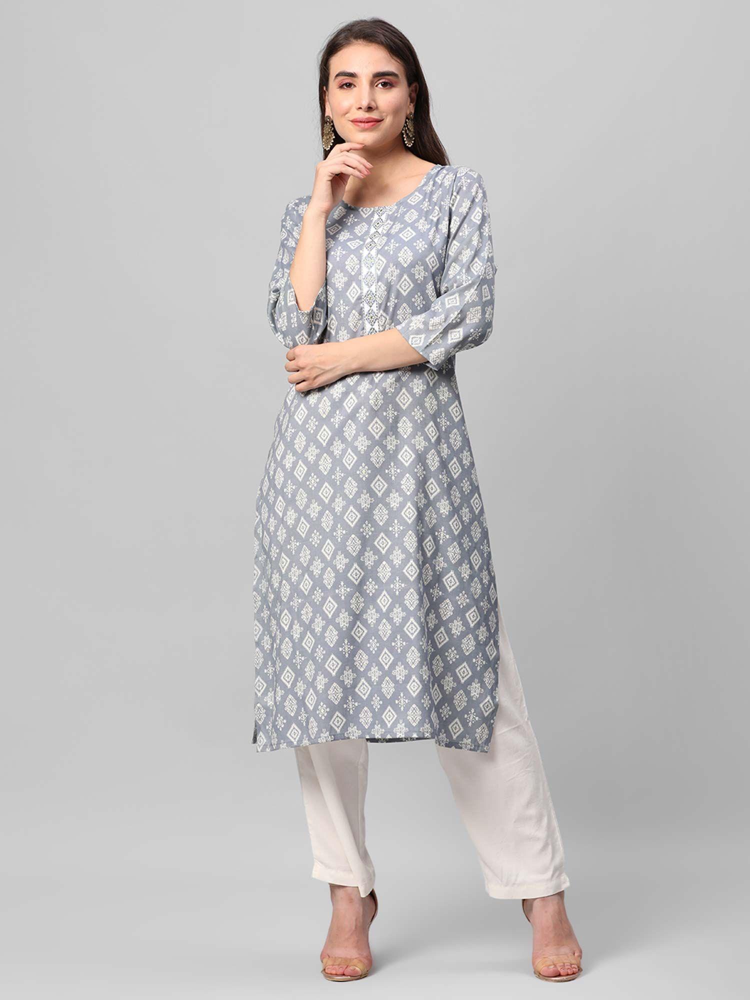 women cotton grey printed kurta