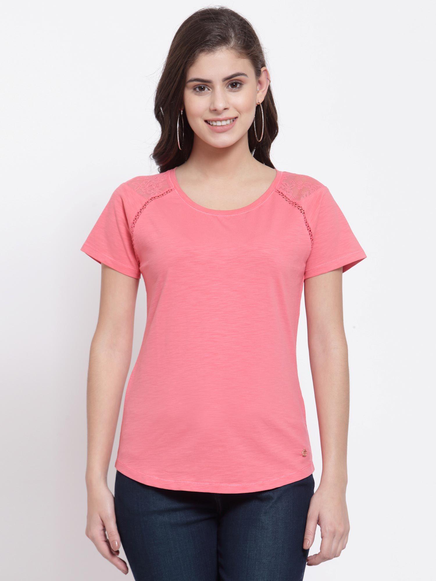 women cotton half sleeves round neck coral t-shirt