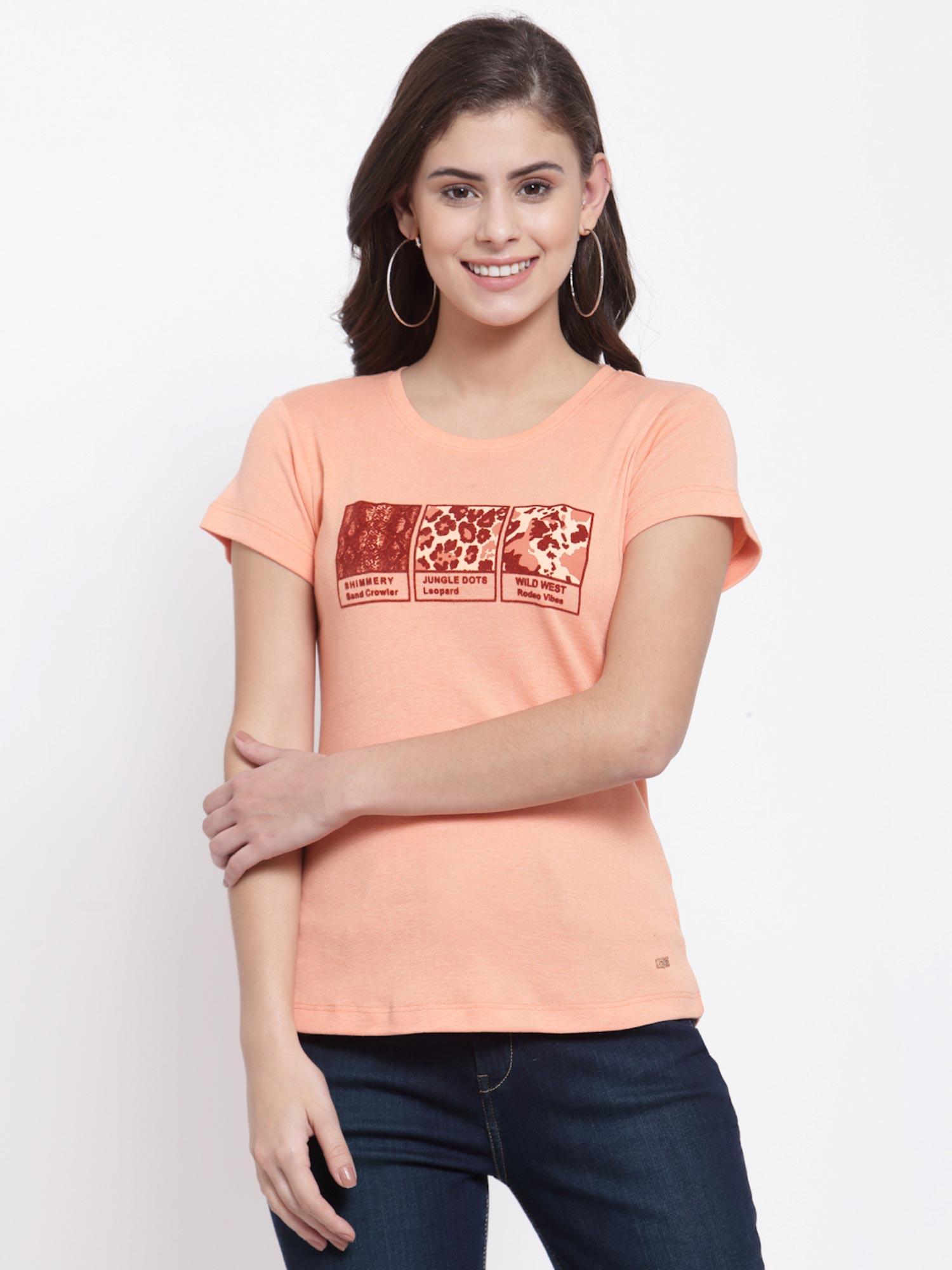 women cotton half sleeves round neck orange t-shirt