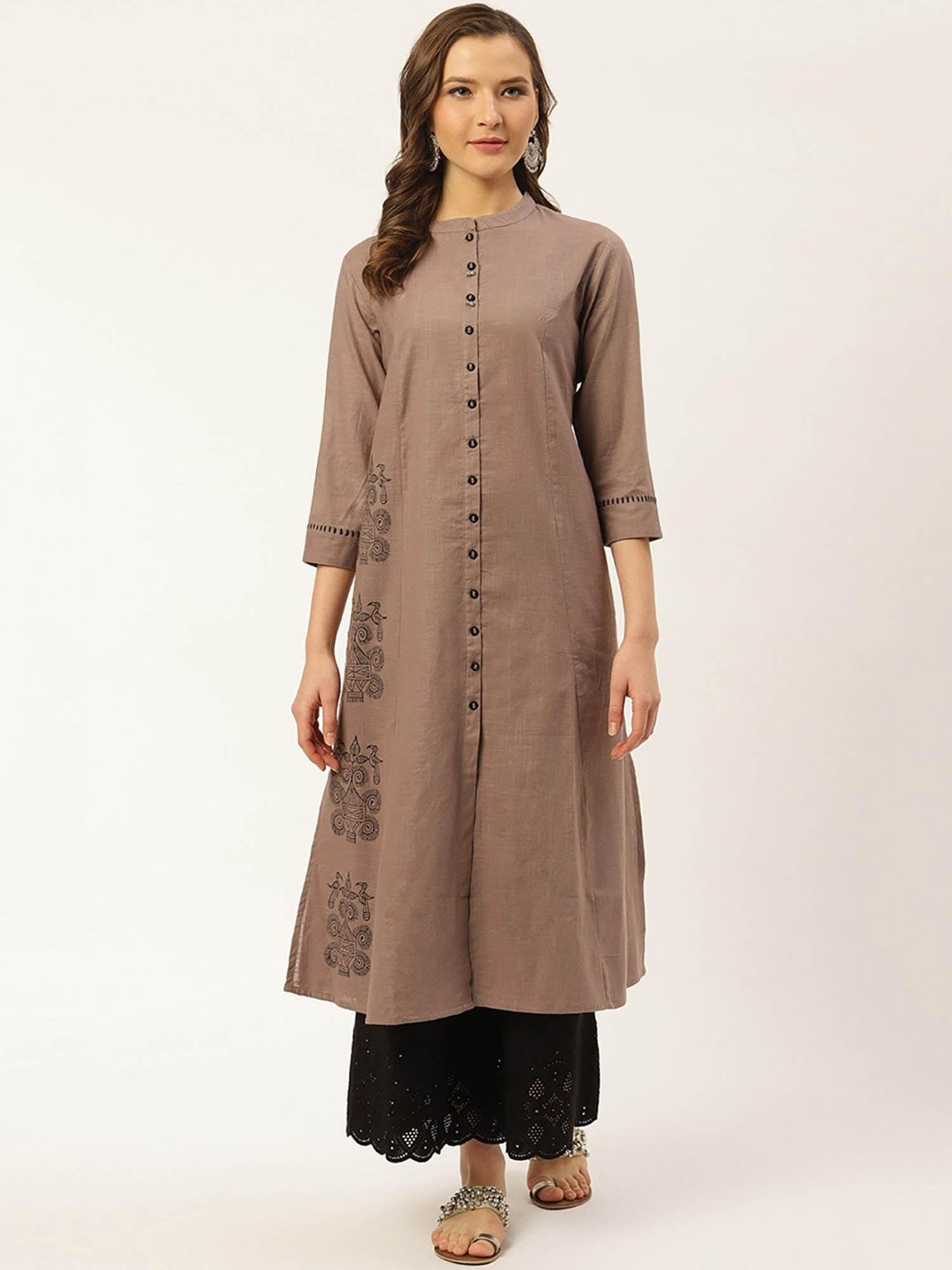 women cotton hand block printed a line kurta with metal buttons brown