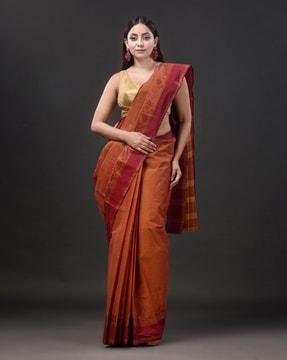 women cotton handloom saree with floral woven border